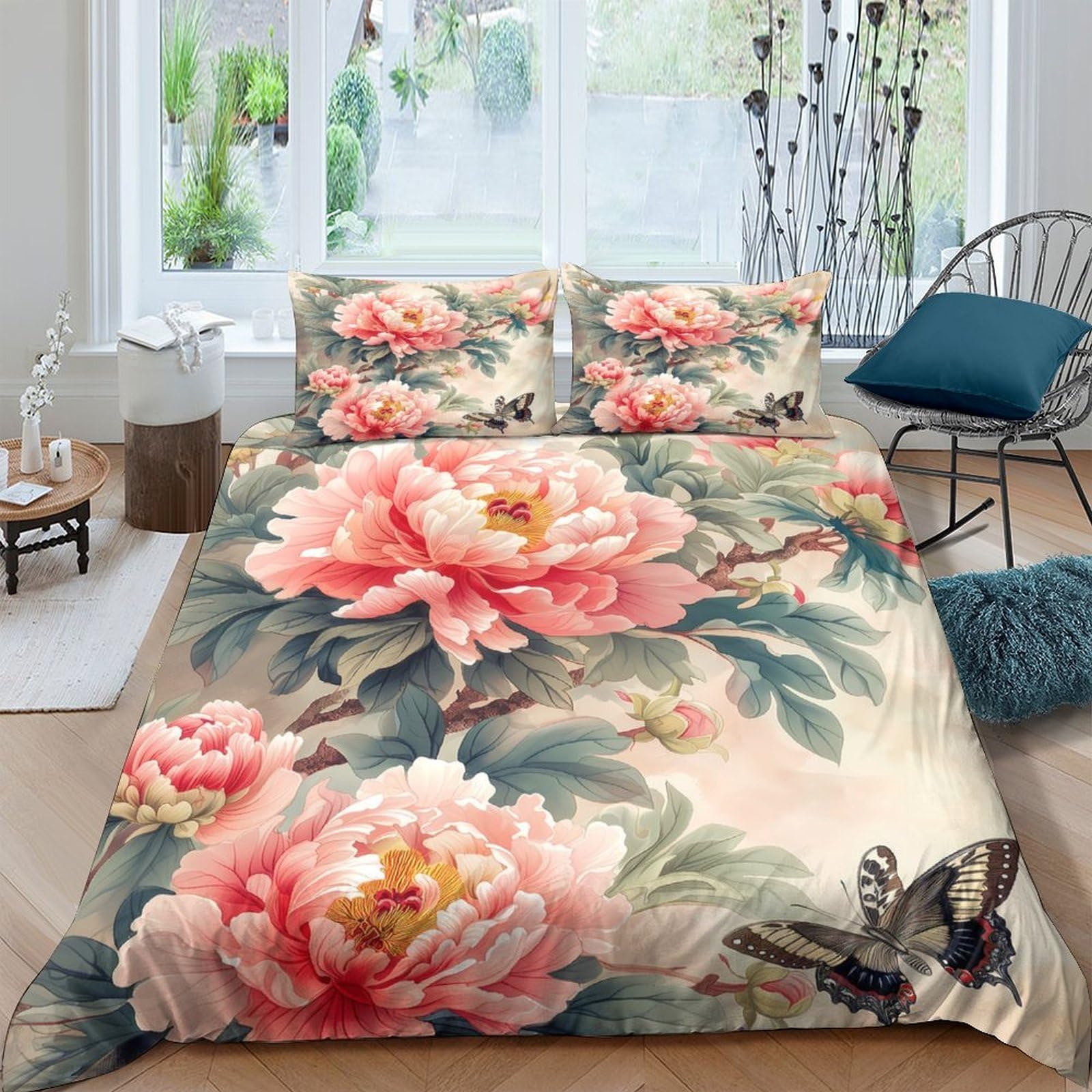 Ctjqhvkz Style-9 3D Printed Peony Blossom Fitted Sheet Microfiber Soft Pink Floral Butterfly Bed Cover For Bedroom Guest Room Decor Single（135X200cm）
