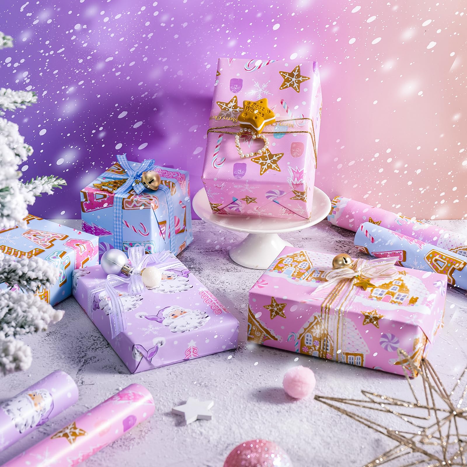 WRAPAHOLIC Weihnachts-Geschenkpapier-Set – Pastellrosa, Lila, Lebkuchenhaus und Weihnachtsmann, Geschenkpapier mit geprägtem Bündel mit Geschenkschleife & Band & Etikett & Aufkleber