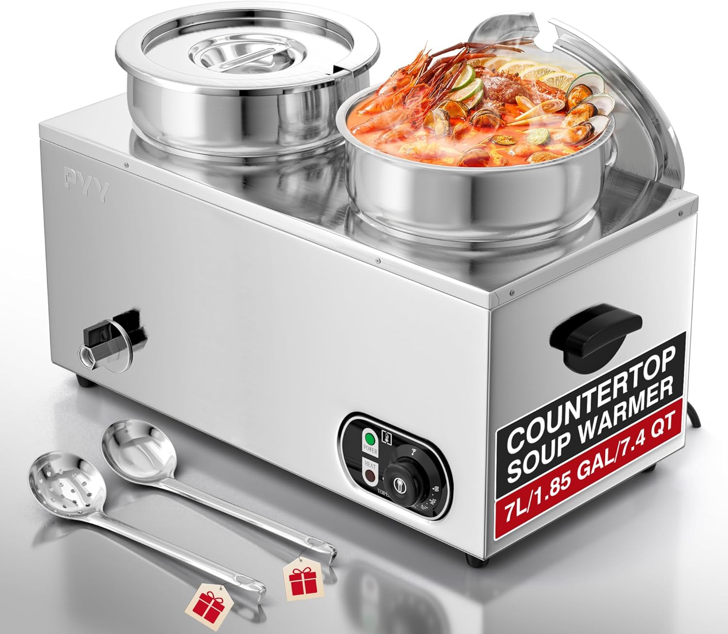 PYY Soup Warmer Commercial - Two 7.4QT Stainless Steel Bain Marie Round Pot 86~185°F Adjustable Temp, 1500W Electric Soup Warmer Countertop with Anti-Dry Burn and Reset Button for Restaurant, Buffet Large