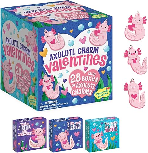 Miniatura 1 de Peaceable Kingdom Tarjetas de San Valentín para el aula de niños, juego de 28 regalos para el día de San Valentín, dijes de amistad de ajolote