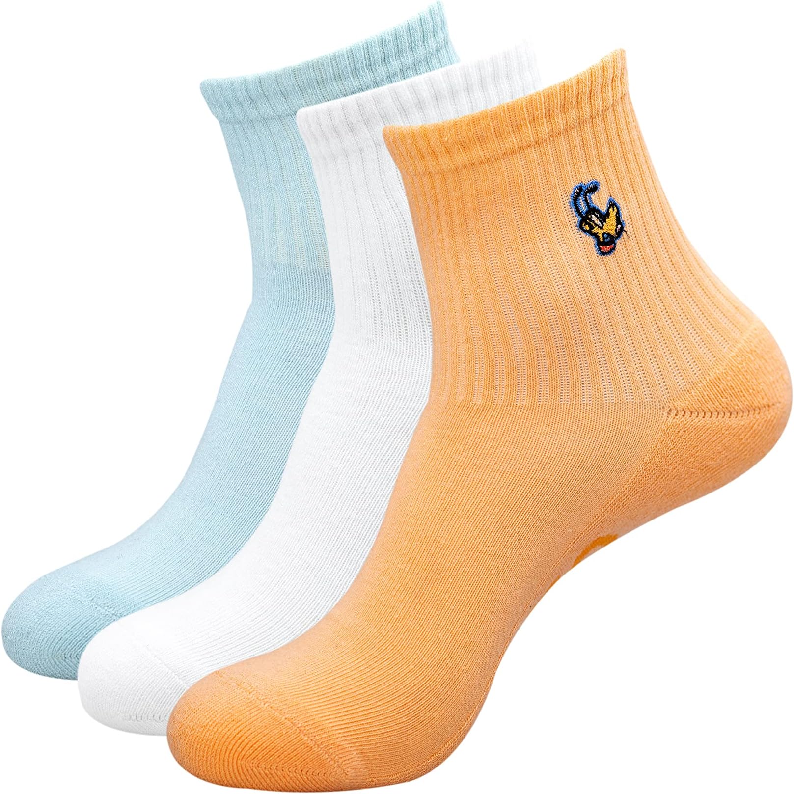 BALENZIAx Disney Mickey,Donald & Pluto Embroidered Half Cushioned High Ankle Socks for Women (Pack of 3 Pairs)(Free Size) Orange,White & Blue|Made with 100% Combed Cotton & Spandex, Orange,White &