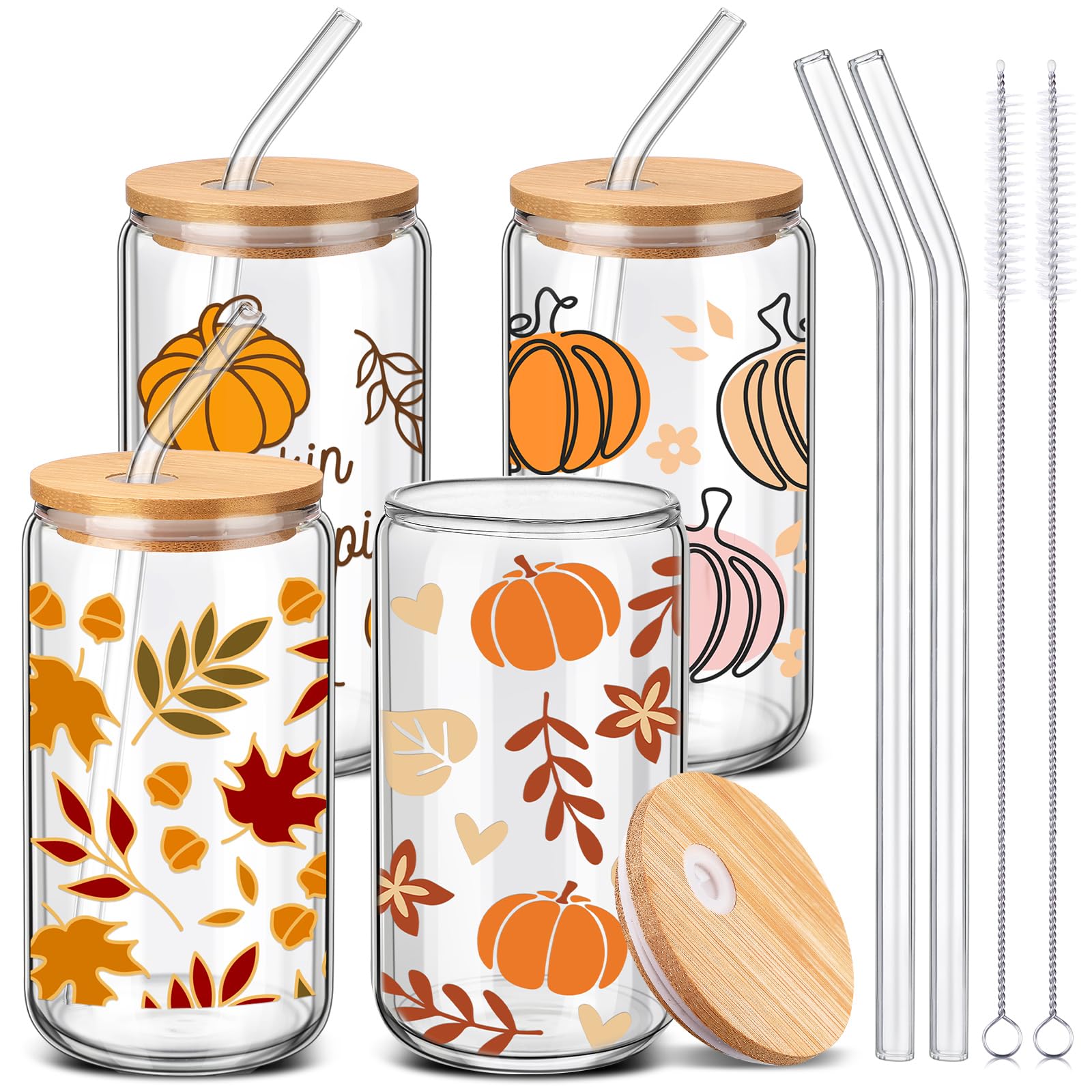 SiliFine 4 Pcs Fall Glass Cups with Lid and Straws 16 oz Pumpkin Iced Coffee Tumbler Can Shaped Drinking Party Glasses for Autumn Thanksgiving Women Men Birthday Party Favor Gifts