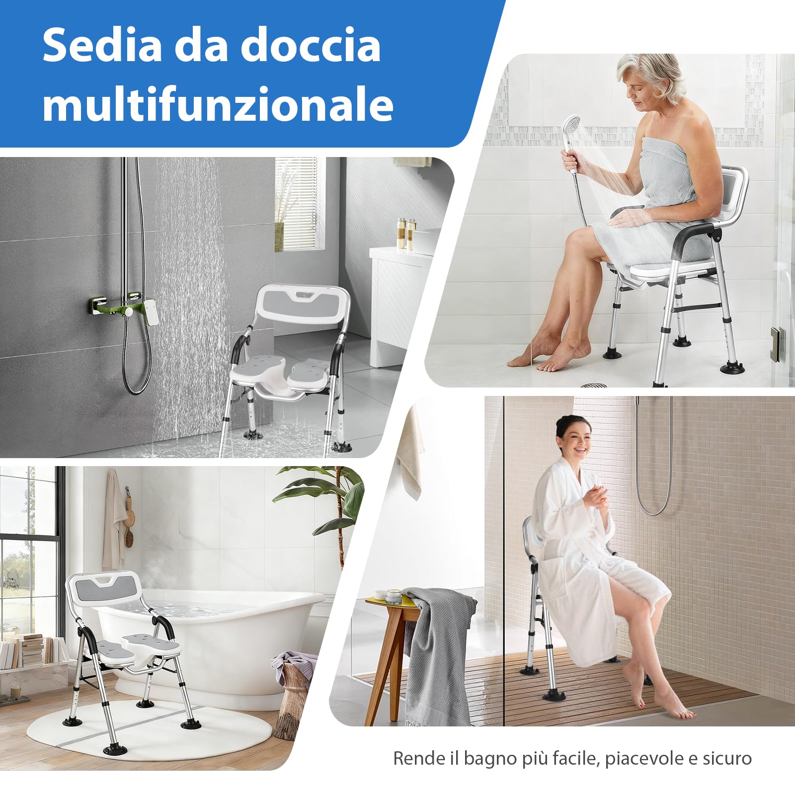 DEWEL Sedia per Doccia Anziani Pieghevole, con Scanalatura, con Schienale e Braccioli, Non è Necessario Installare Strumenti, Regolabile in Altezza, Sedia Doccia Pieghevole, Peso 150Kg (Grigio)