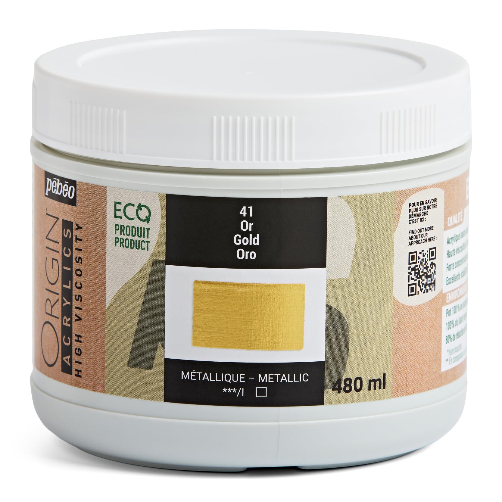 PEBEO - Origin Acrylics 480 ml - Eco-designed Acrylic Paint - High Viscosity - Metallic Finish - 100% Recycled Binder - 96% European Raw Materials - Gold