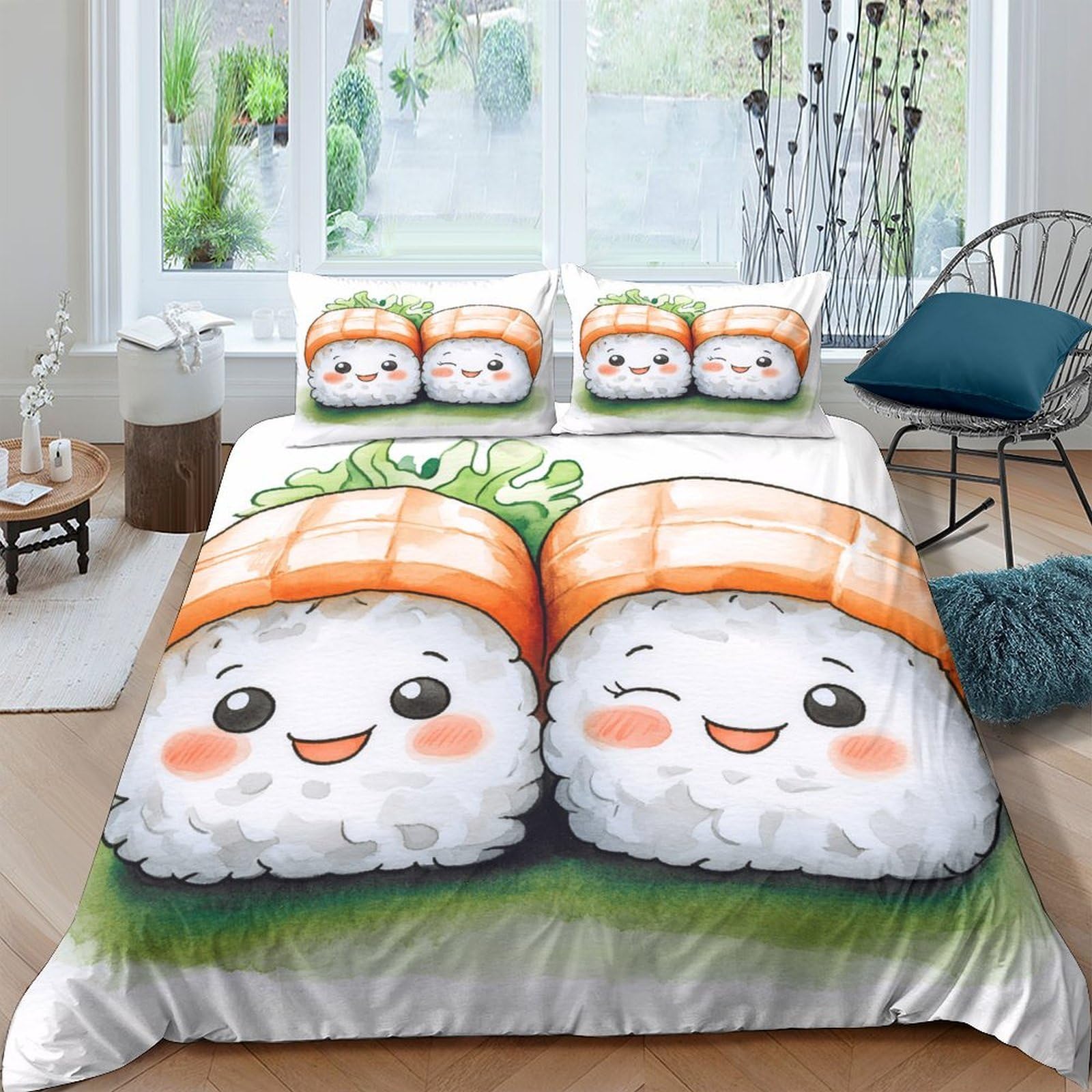 Ctjqhvkz Style-7 3D Printed Kawaii Sushi Fitted Sheet Microfiber Cute Salmon Nigiri Bed Cover Anti-Slip Bedroom Decor Machine Washable Single（135X200cm）