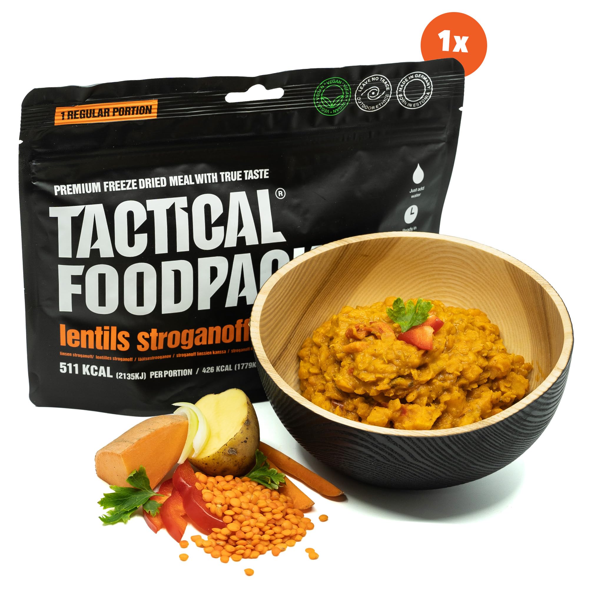Tactical Foodpack 3er Set - 3 vegane Gefriergetrocknete Mahlzeit für Camping, Survival Outdoor Nahrung. Tracking oder Notfallrucksack – Fertiggerichte wie hausgemacht zum Verzehr bereit