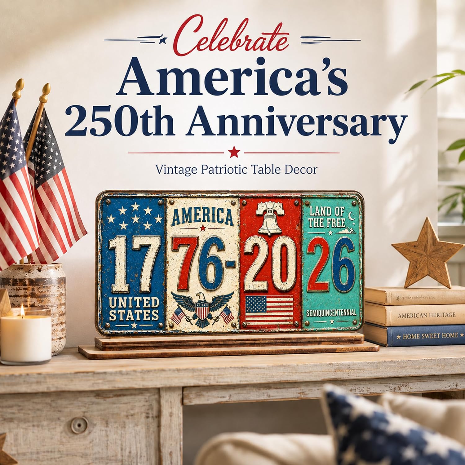 Retro 250 Year American Anniversary Decor Wooden Plaque 1776–2026, 250 Years of Freedom, Patriotic 4th of July Decorations, 250 Anniversary Usa Merchandise, American Flag Desk Decor, USA Birthday Gift