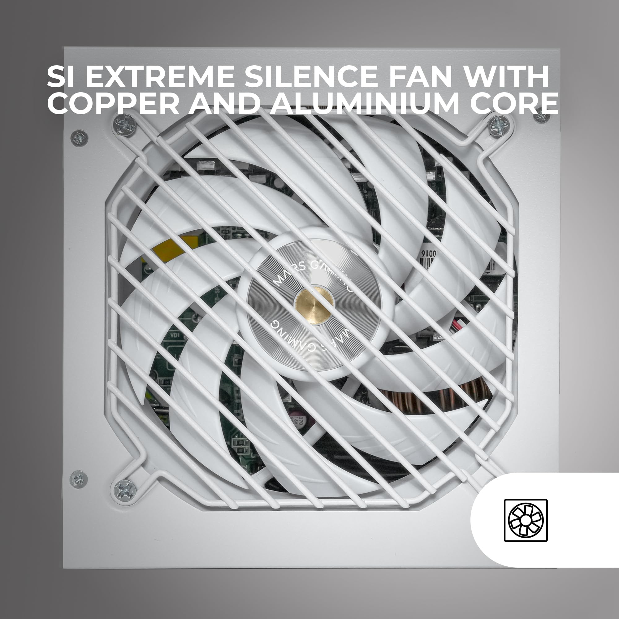 Mars Gaming MPB550SI, Alimentation ATX 550 W, Garantie 7 Ans, 80Plus Bronze 230 V, 90% d’efficacité, Ventilateur SI Extreme Silence, Technologies AI2-RPM, condensateurs Japonais, Blanc