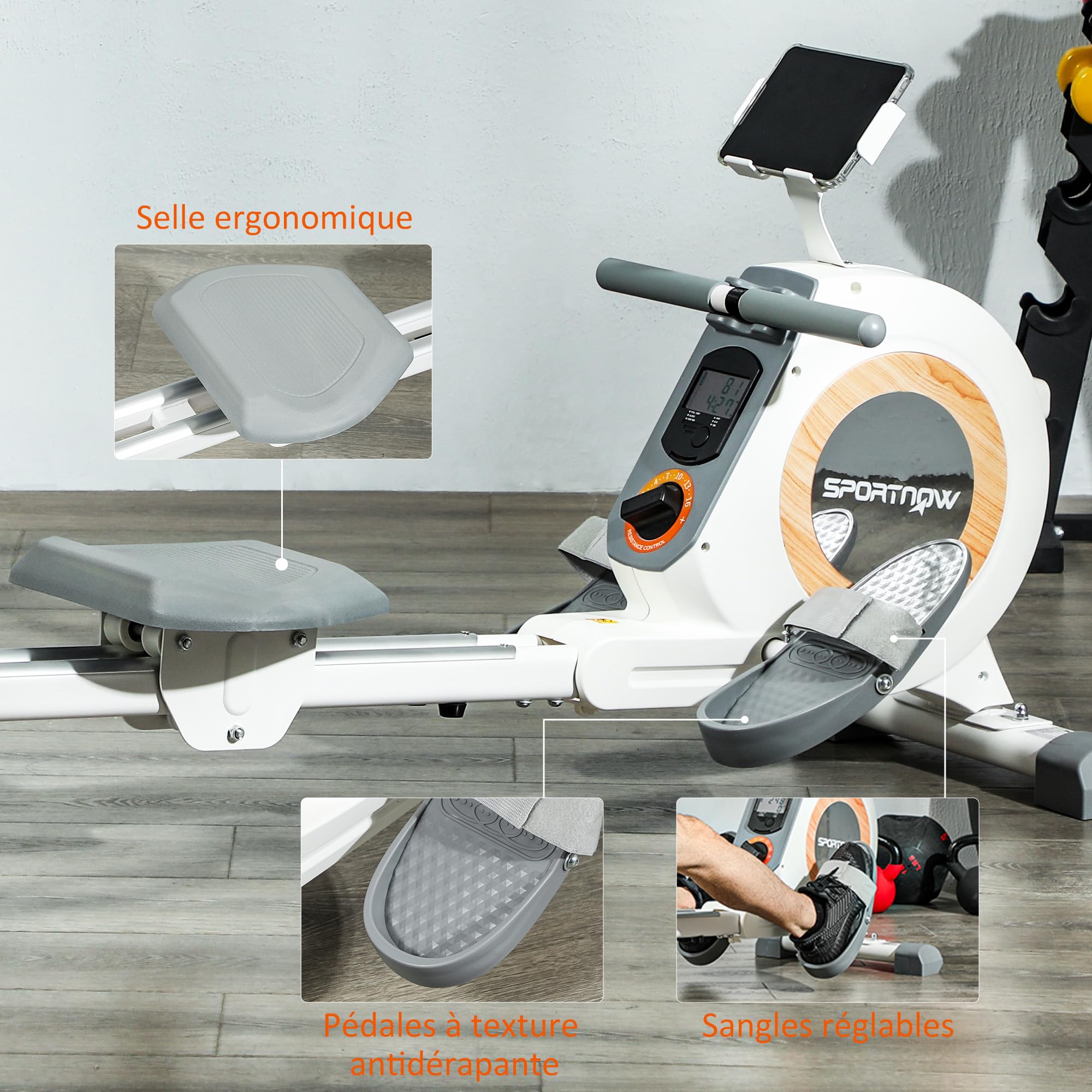 SPORTNOW Rameur magnétique à 16 Niveaux de résistance, rameur d'appartement Ultra Silencieux avec Support de téléphone et écran LCD, Stockage Vertical, Charge Max. 150 kg, Blanc et Gris