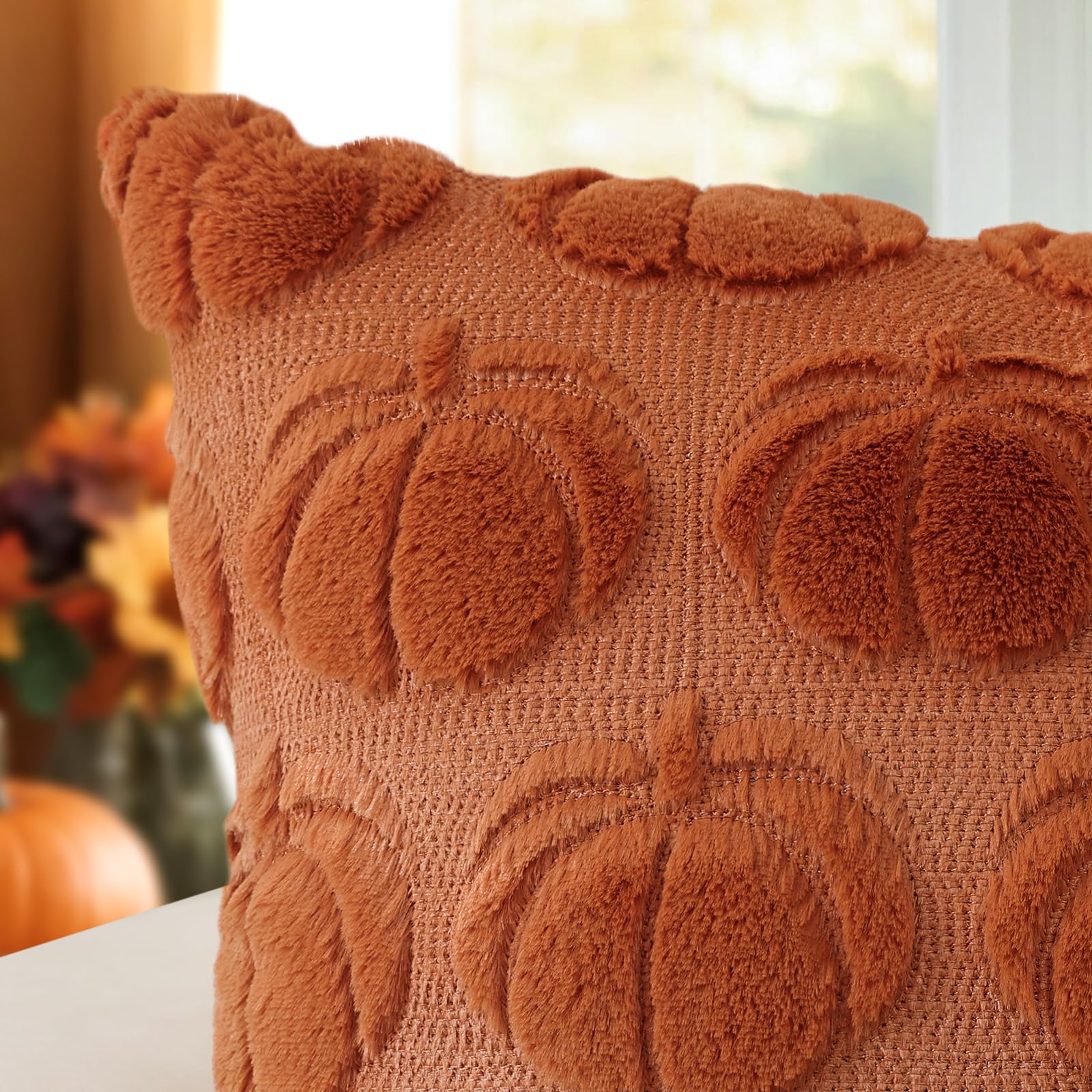 JOTOM Rust Pumpkin Fall Cushion Covers 60x60cm Soft Plush Faux Fur Autumn Thanksgiving Decorative Throw Pillow Covers Pillow Case for Home Bedroom Couch Sofa Decor (Rust) - Image 3