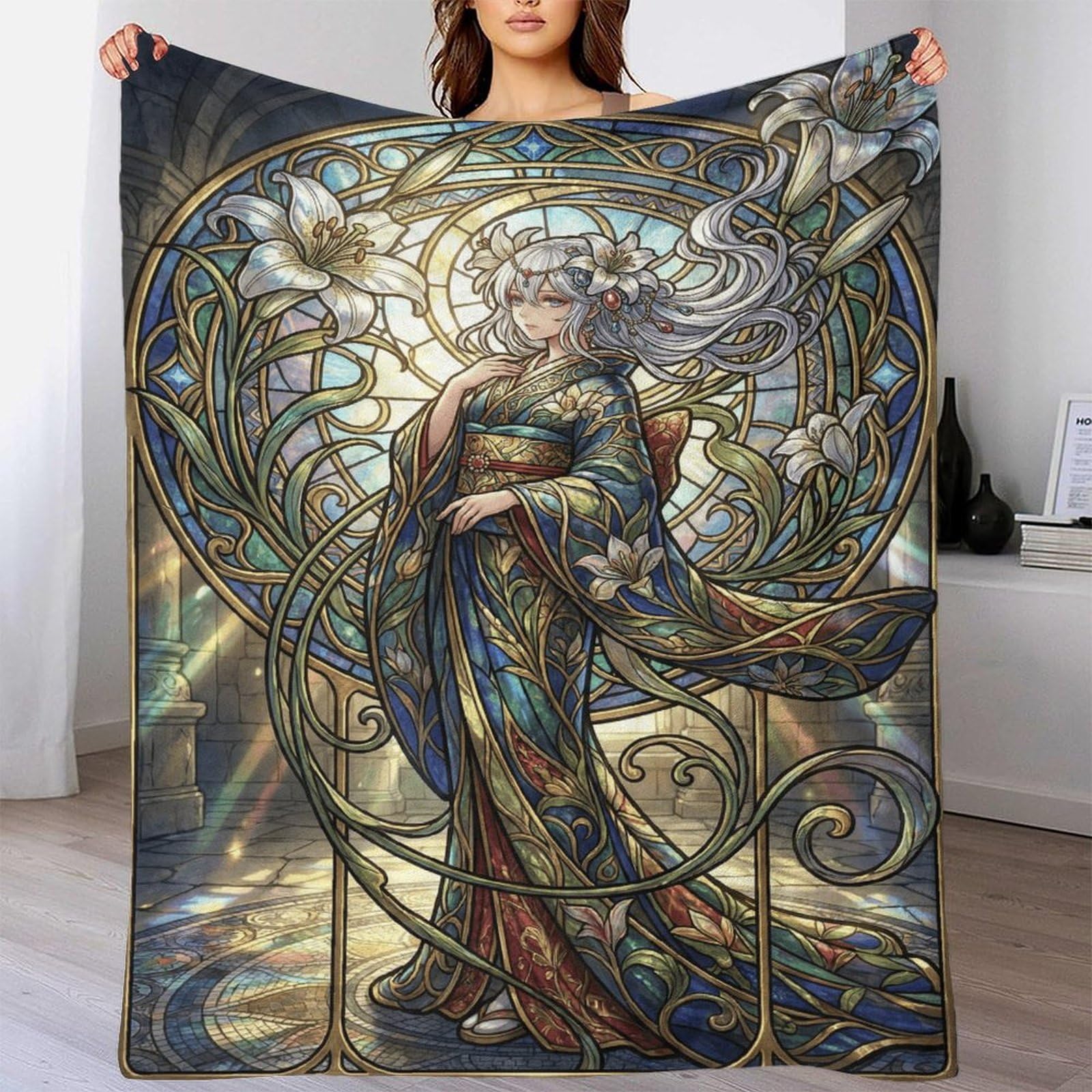 W7C8U2X3 Art Nouveau Mucha Anime Flannel Throw Blanket, Bedroom Sofa Couch