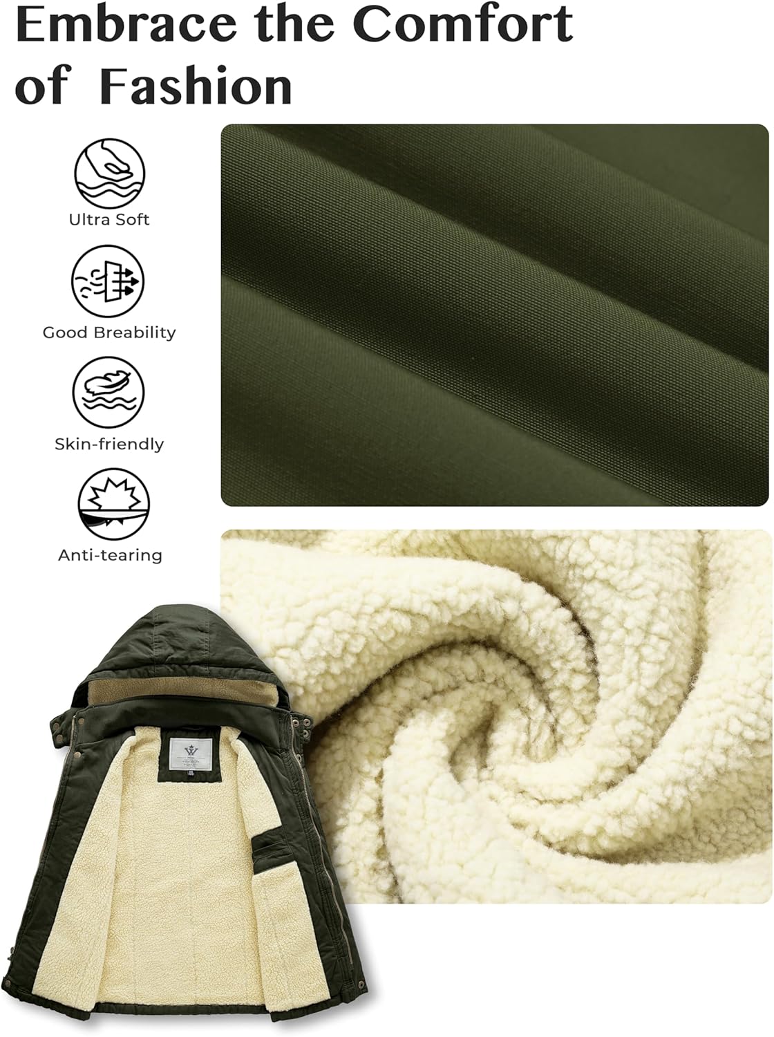 WenVen Boy's Winter Sherpa Jacket Heavy Twill Cotton Military Coat with Hood - Image 5