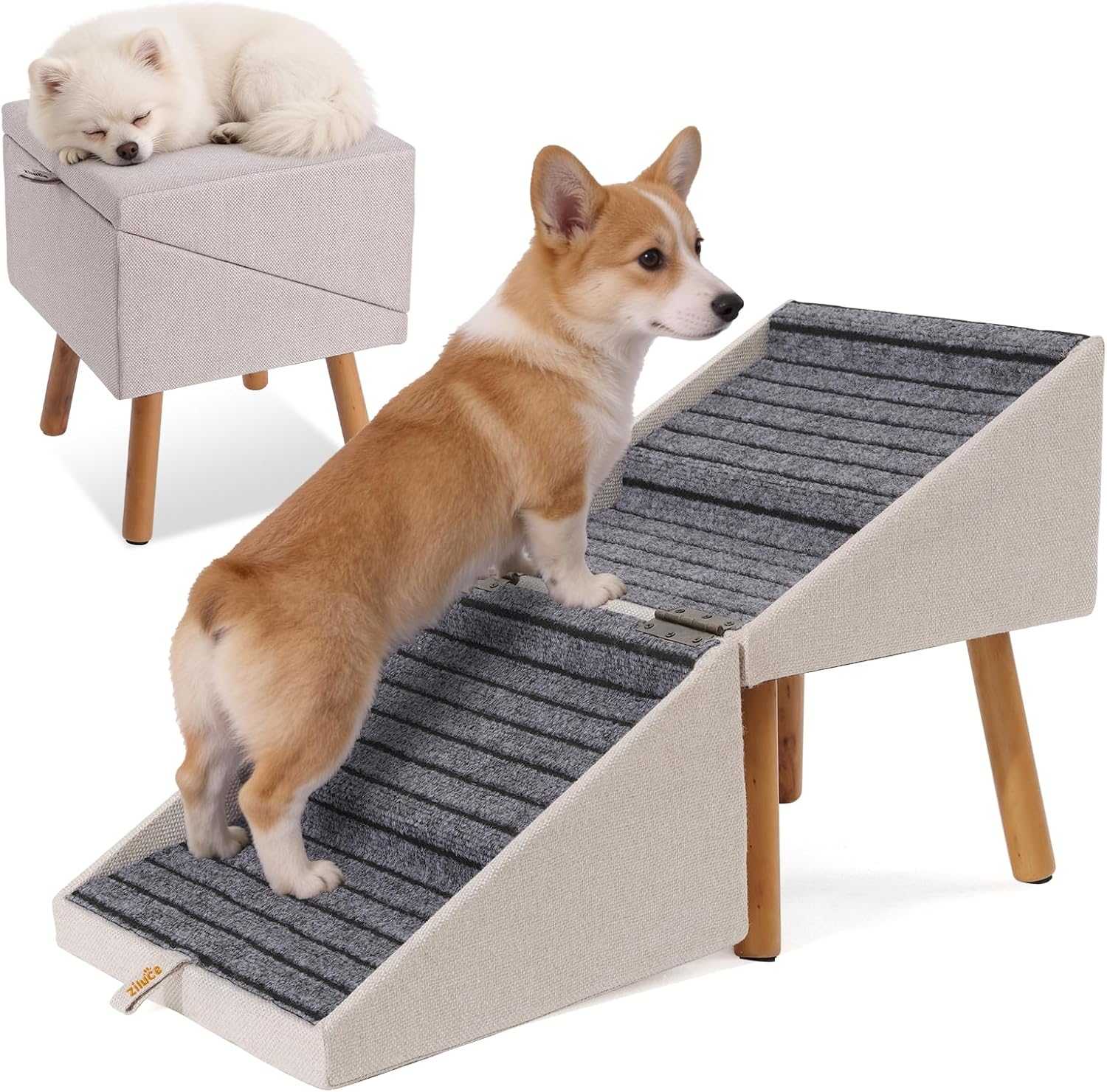 17.13″ H Dog Stairs for Small Dogs, 2-in-1 Pet Steps & Ottoman – Foldable Dog Stairs for Couch, Non-Slip Wooden Pet Stairs for Puppy Senior Injured Dogs (Light Beige)