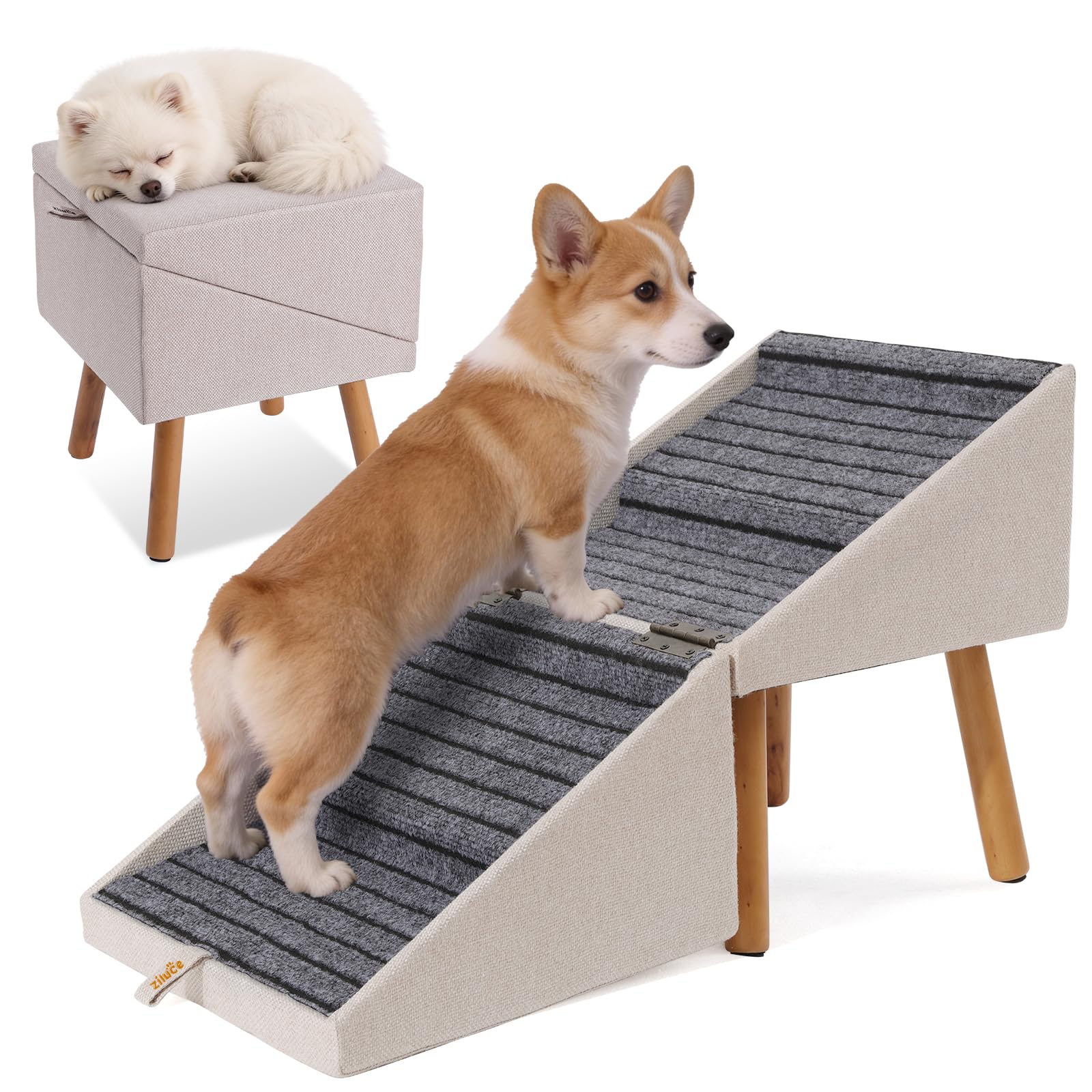 - 17.13" H Dog Stairs for Small Dogs, 2-in-1 Pet Steps & Ottoman - Foldable Dog Stairs for Couch, Non-Slip Wooden Pet Stairs for Puppy Senior Injured Dogs (Light Beige)