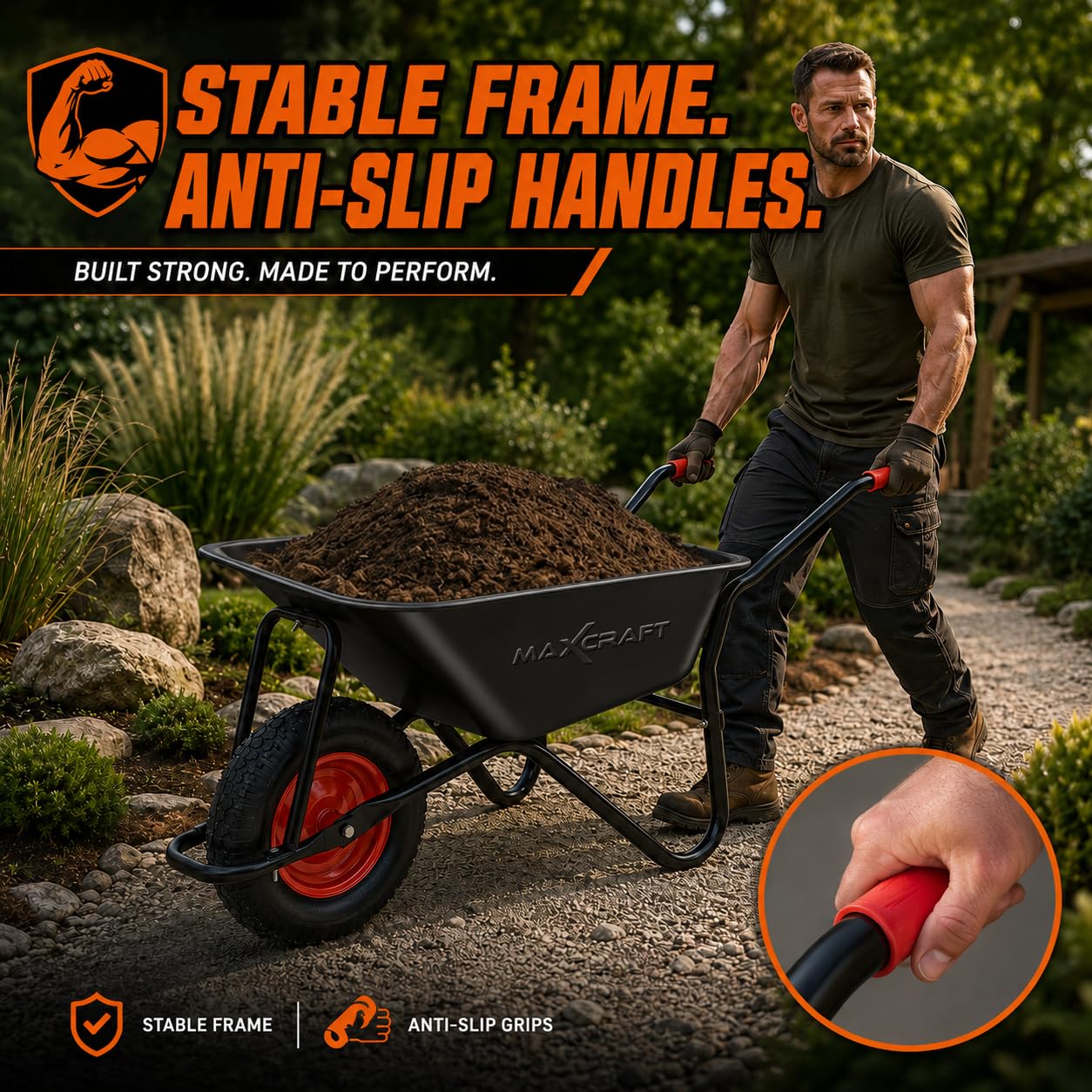 Brouette de Chantier 250 kg 100 L Chariot Transport Jardin Pneus avec Chambre à Air Poignée en Caoutchouc Dur - Noir/Rouge - Black Edition