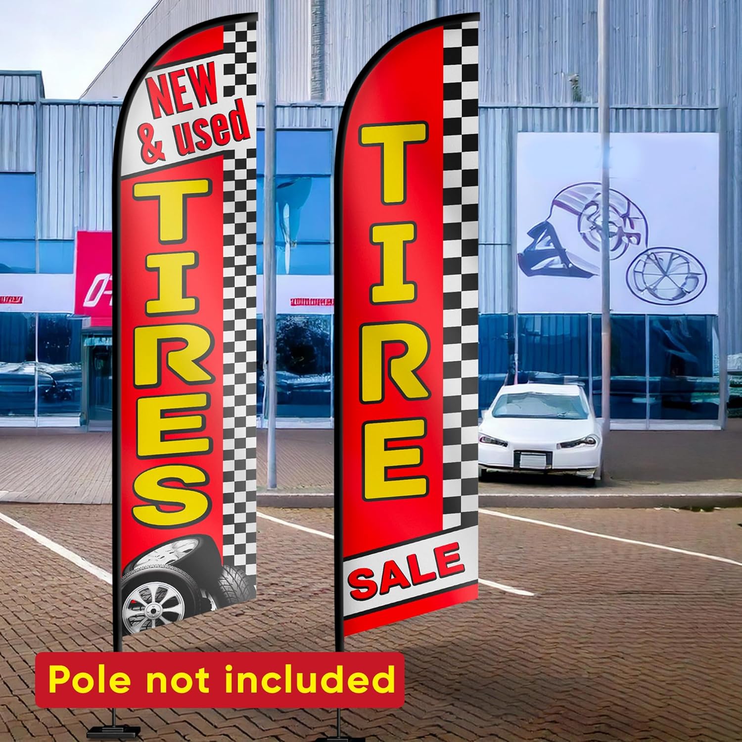 New and Used Tires Sale Feather Flag - Tire for Sale Business Banner - Used Tires for Sale Swooper Flag Set of Two Advertising Flags 12ft x 2.5ft (Pole not included)