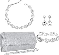 Cuicanstar Silver Rhinestone Crystal 4-Piece Jewelry Set with Clutch Purse - Necklace, Teardrop Earrings, Tennis Bracelet for Weddings & Evenings