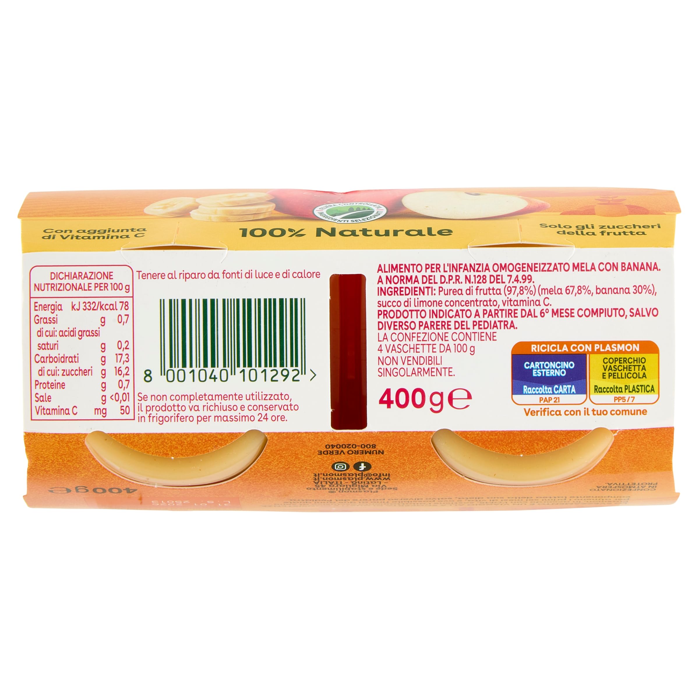 Plasmon Omogeneizzato La Frutta dei Bambini Mela e Banana - 24 Vaschette da 100gr