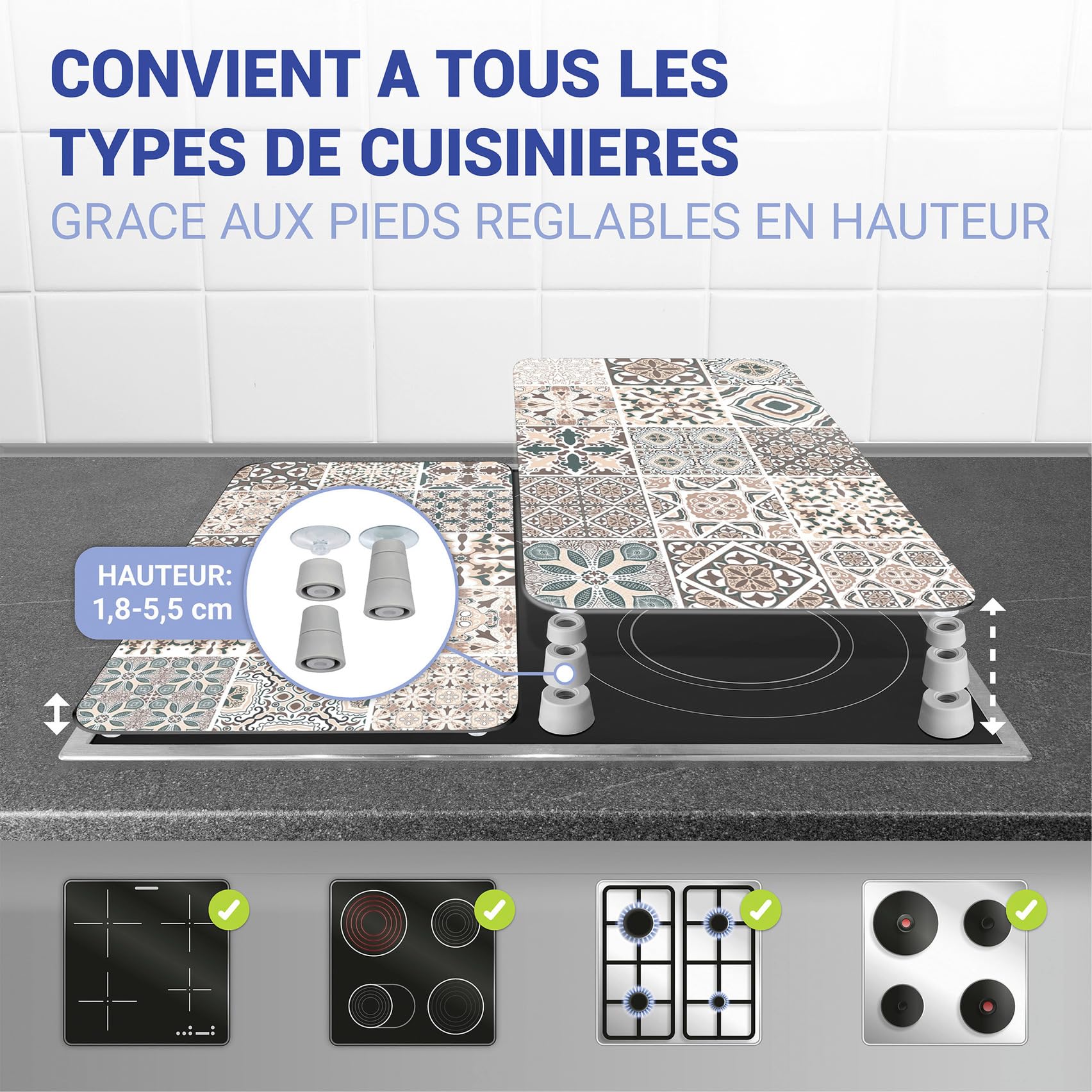 WENKO Plaque de Recouvrement Universelle Mod. Carreau, réglable en Hauteur pour Tout Type de cuisinière, Planche à découper et Protection Anti-éclaboussures, Verre, 30 x 52 cm, 2 pièces
