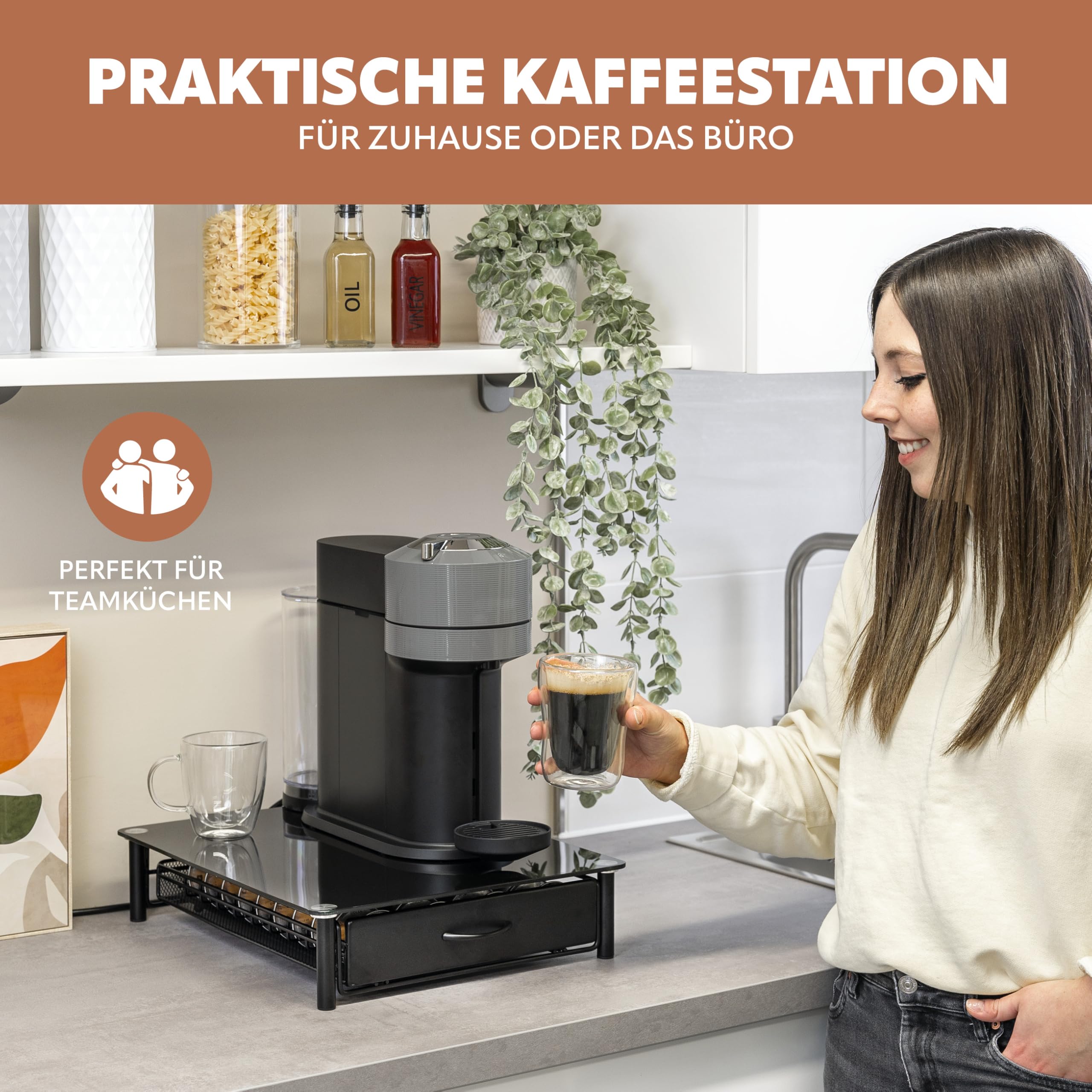 eluno Kapselhalter für 40x Nespresso Vertuo, Schubladenbox, Glas-Maschinenständer Metall und Glasplatte, Kaffeekapselbox, Kapselspender ca. 33,5 x 9 x 41 cm (B/H/T) (schwarz)