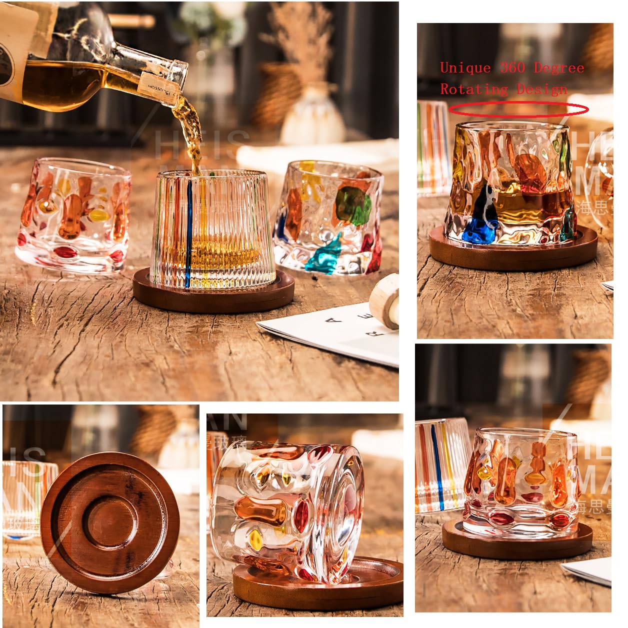 Lot de 4 verres à whisky colorés peints à la main en cristal avec dessous de verre (177 ml)