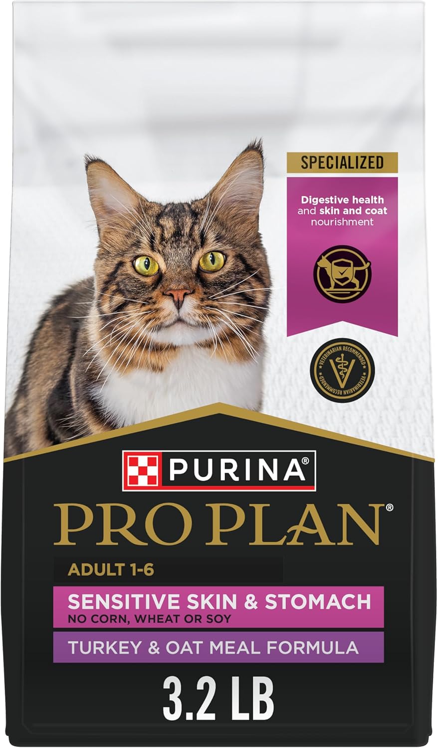 Purina Pro Plan With Probiotics, Sensitive Skin & Stomach, Natural Dry Cat Food, Turkey & Oat Meal Formula - 3.2 lb.