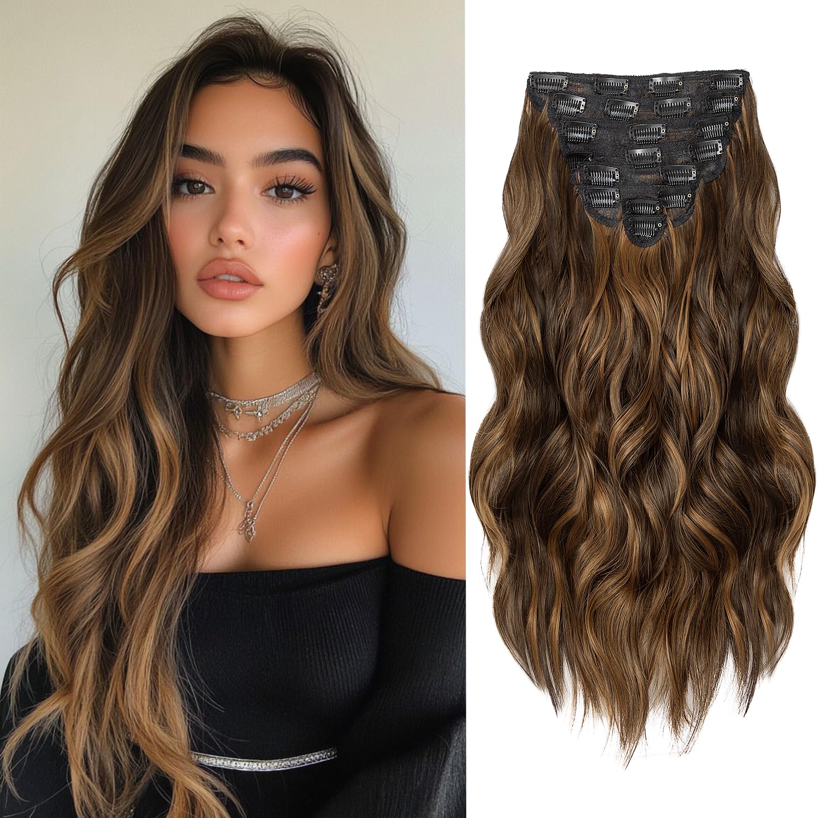 Photo 1 of Hair Extensions Clip Ins, 8PCS 20 Inch Wavy Dark Brown Mix Light Brown Clip in Hair Extensions, Synthetic Lace Weft Hairpieces for Women Daily Party Use