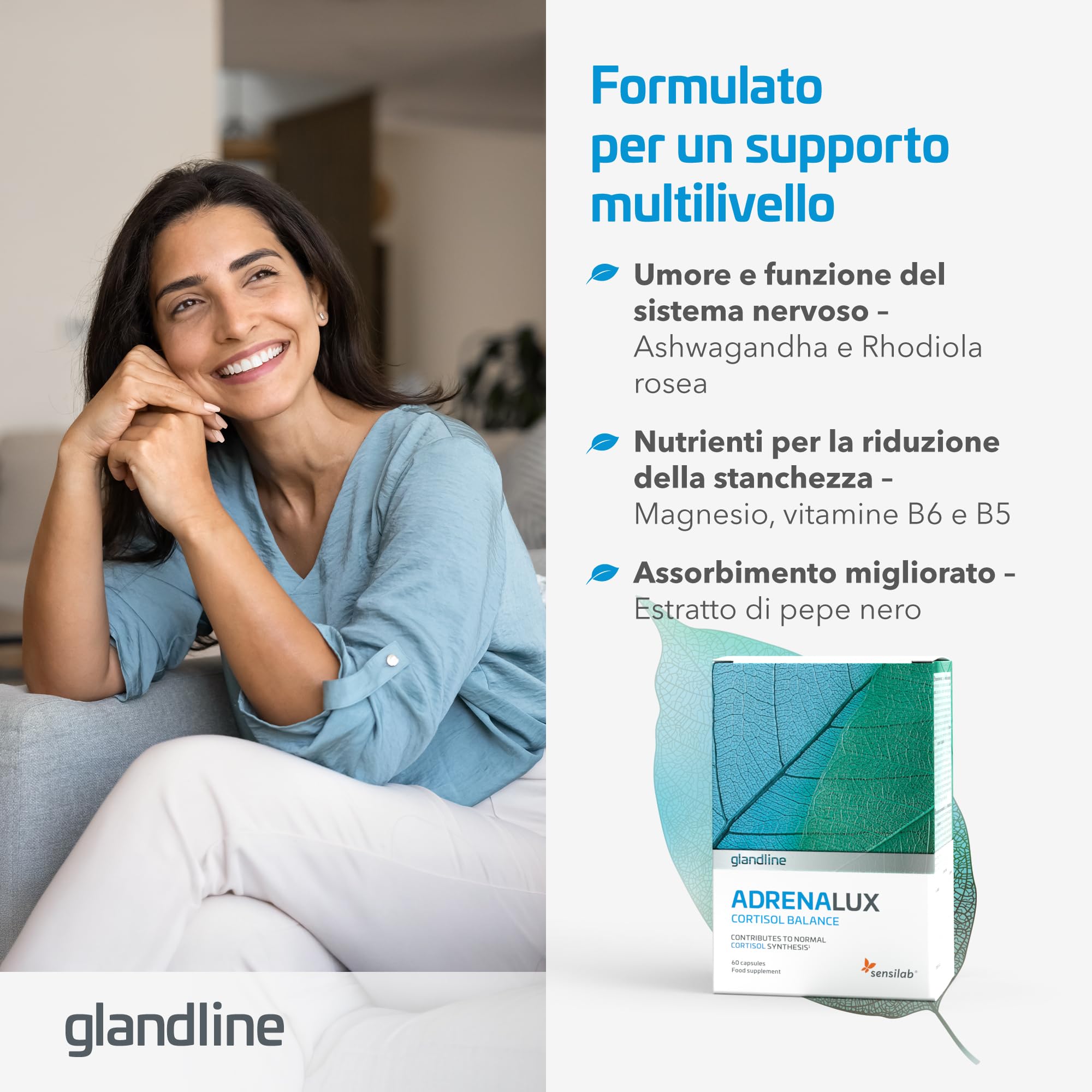 Adrenalux - Integratore Cortisolo con Ashwagandha KSM-66 600 mg e Rhodiola Rosea - Vitamina B5, B6, Magnesio - 120 Capsule - Sensilab