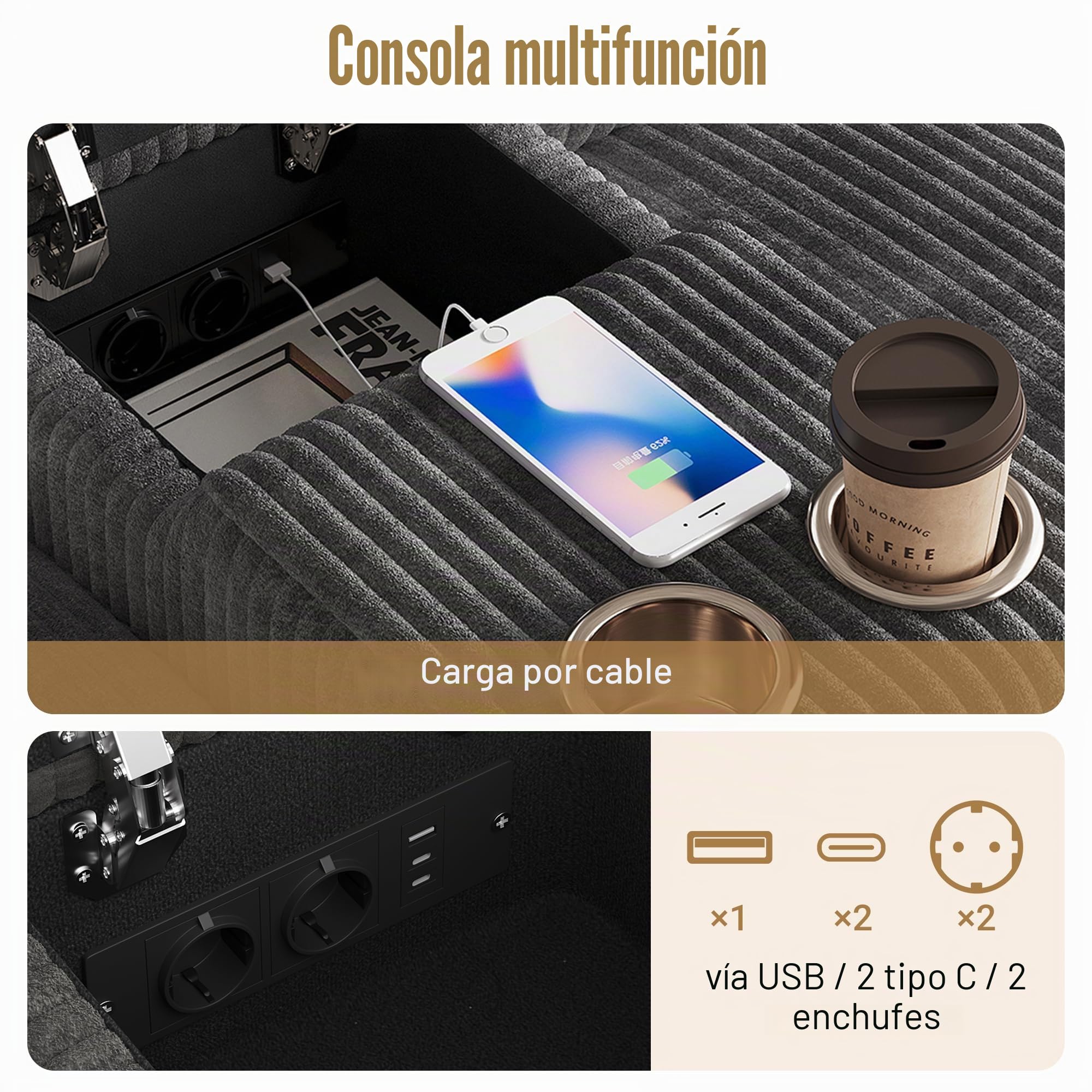 LAKFEW Sofa de 4 Plazas en U con USB C y 2 Reposapiés de Almacenaje, Sofas de Salon 4 Plazas con 2 Portavasos y 2 Cojines, Sofa Modular Rinconera, Couch, Pana, 315x135x81 cm, Gris