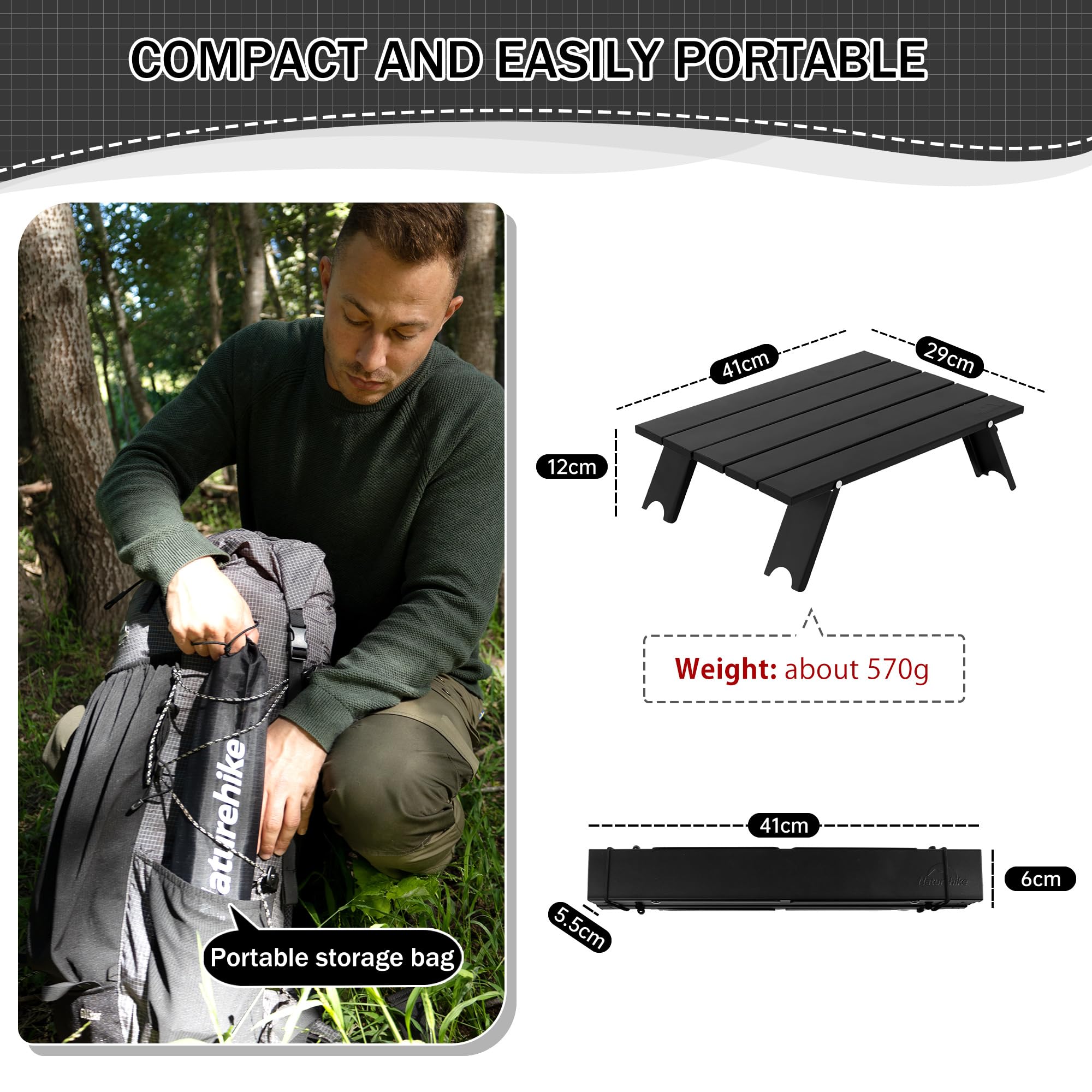 Naturehike Składany stół kempingowy, tylko 570, wykonany z aluminium, przenośny, ultralekki, mini stół kempingowy, mały stół do ogrodu, na wędrówki, kemping