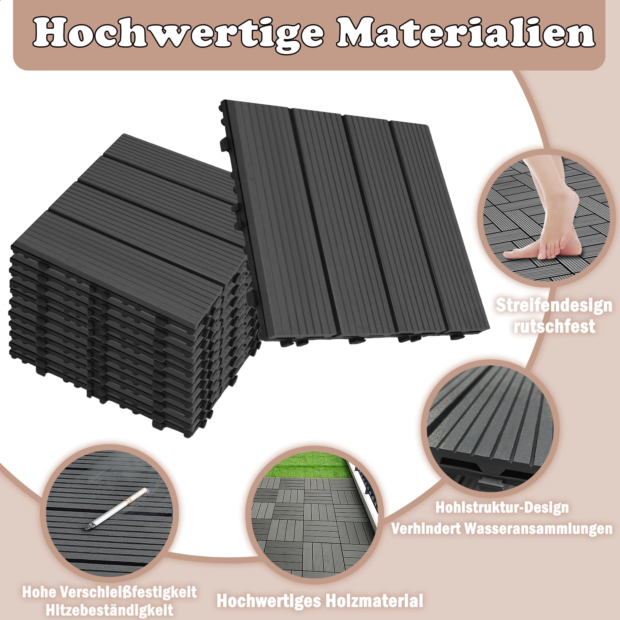 HENGMEI WPC Fliesen Terrassenfliesen 30x60cm Balkonfliesen Klickfliesen Bodenbelag mit klicksystem, 1m²6 Stück für Terrasse und Balkon, Anthrazit