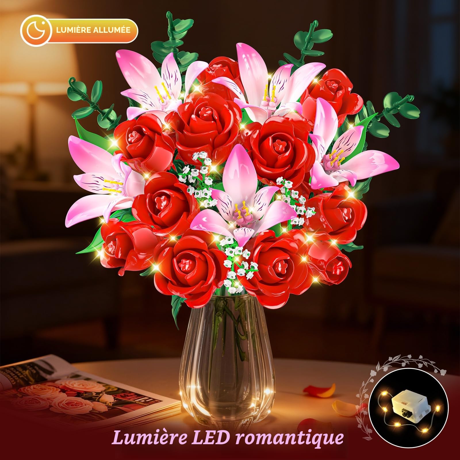 CUBIMANA Kit de Bouquet Fleurs avec LED - Roses Rouges et alstroemères Roses, Collection botanique 22 Fleurs artificielles, décoration Plante intérieure, Cadeau pour Femmes/Adultes