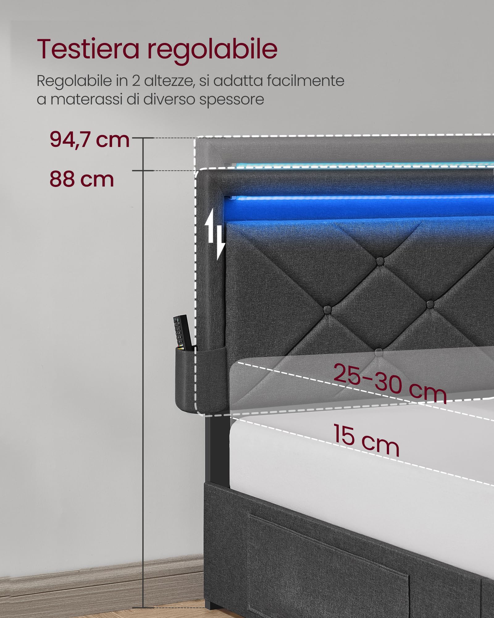 VASAGLE Struttura per letto matrimoniale, Struttura per letto, 160 x 200 cm, LED, Letto in metallo, 4 cassetti, Stazione di ricarica, Testiera imbottita regolabile, Grigio ardesia-Nero opaco RMB828G02