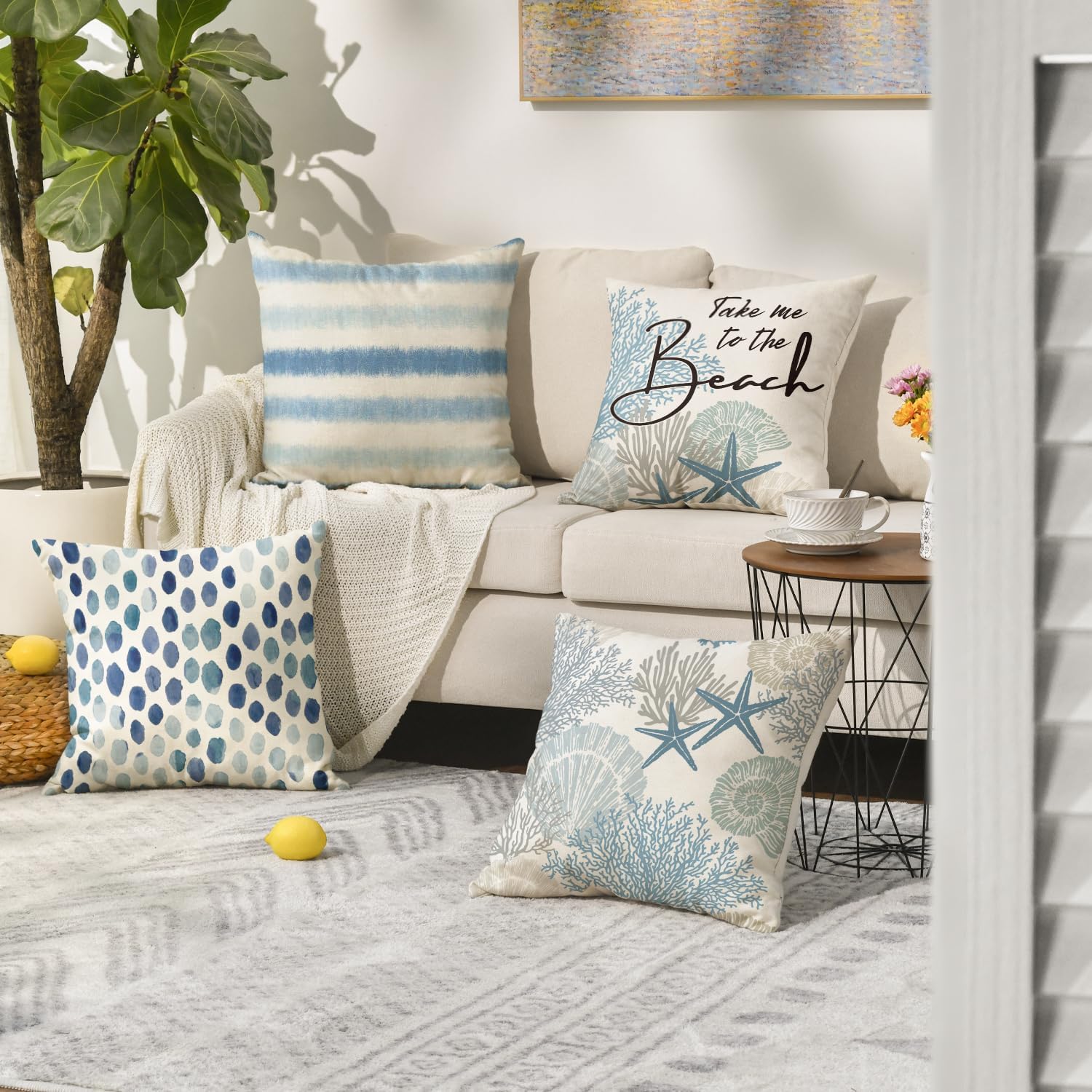 AVOIN colorlife Take Me to The Beach Summer Throw Pillow Covers, 20 x 20 Inch Blue Ocean Starfish Summer Cushion Case for Sofa Couch Set of 4 - Image 5