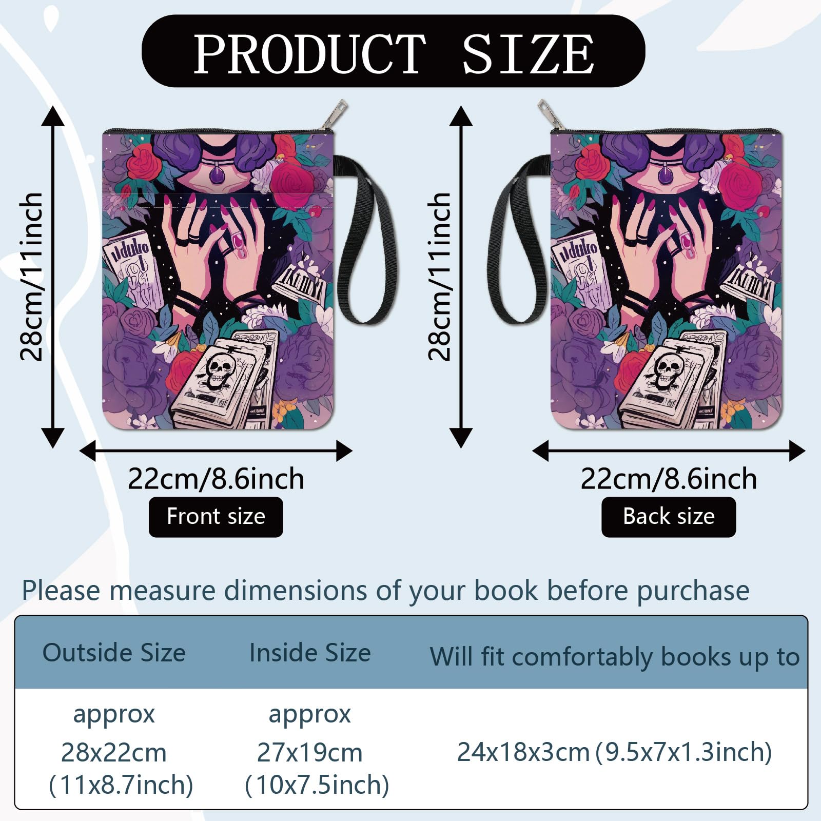 CRASPIRE Tarot Book Covers Purple Book Protector Rose Book Sleeve for Paperbacks Washable Fabric Cloth Book Cover with Zipper and Extra Sleeve Pocket for Book Lovers Classmate Gifts - Image 2