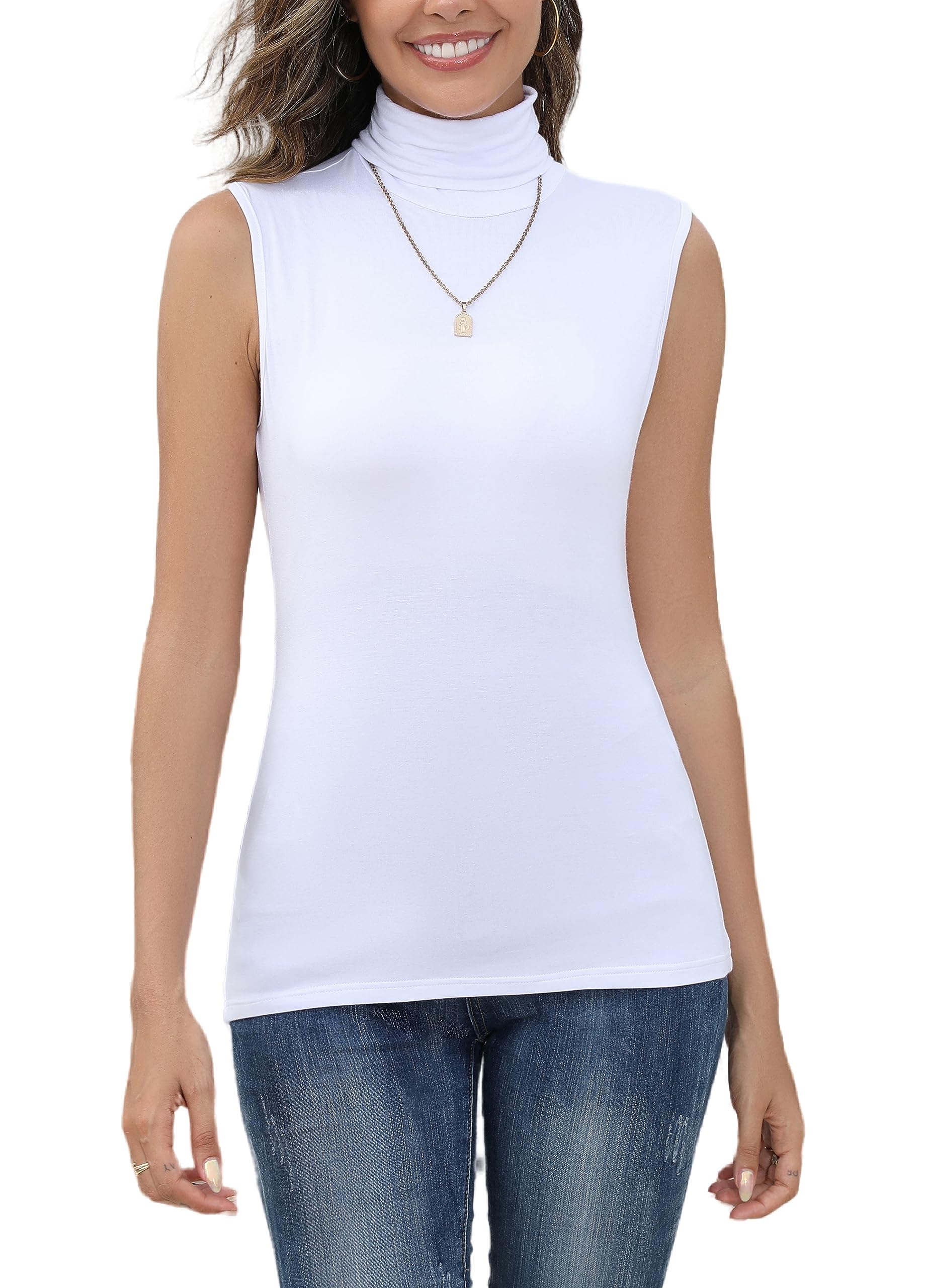Pull Col Roulé sans Manche Femme Tee Shirt Ajusté Moderne Col Montant Confortable sous-Pull Basique Pullover Laine Top Haut Vintage Chic Hiver Automne Printemps