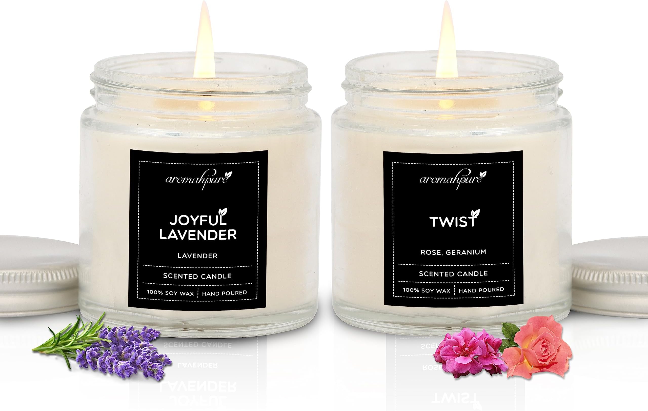 Aromahpure Scented Candles (55 Hours) (100% Soy Wax)- Handcrafted | Smoke-Free | Joyful Lavender, Twist Fragrance-Rose & Geranium Candles for Home & Gift Sets, IFRA Certified