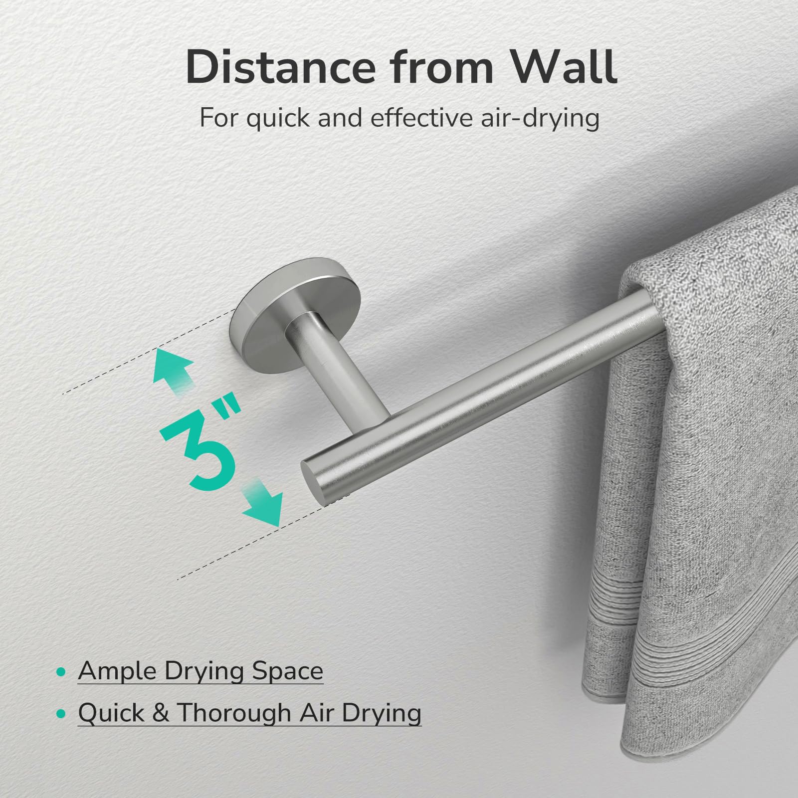USHOWER Toallero de barra de níquel cepillado para baño, 61 cm, montaje en pared, acero inoxidable SUS304 grueso, decoración moderna para el hogar (longitud total 66 cm)