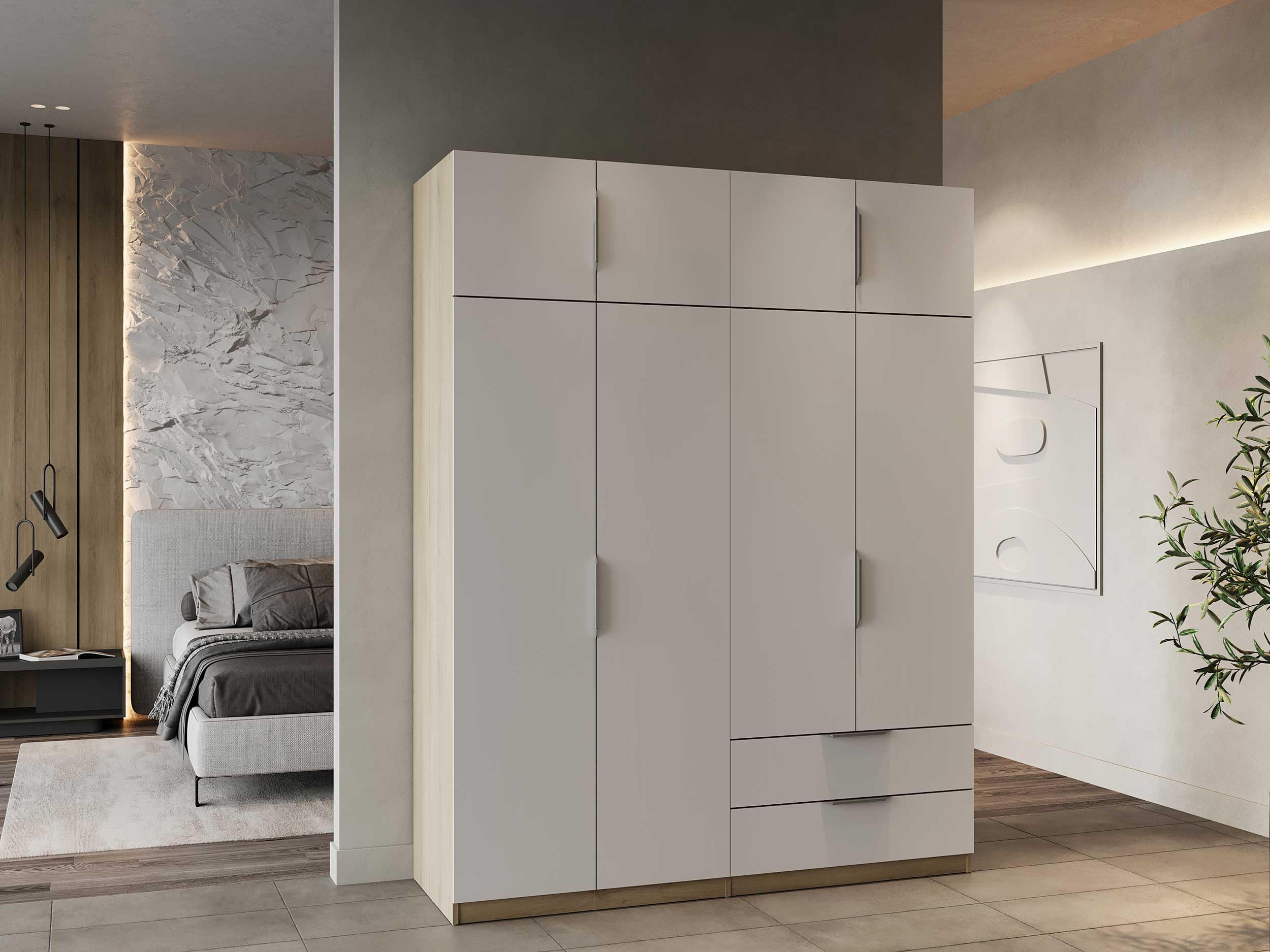 Demeyere 391387 Vestidor con Armario Moderno 8 Puertas 5 estantes 2 cajones, Color Roble Kronberg y Blanco Mate, 157,3 x 51,1 x 203 cm, Madera de ingeniería, Gris