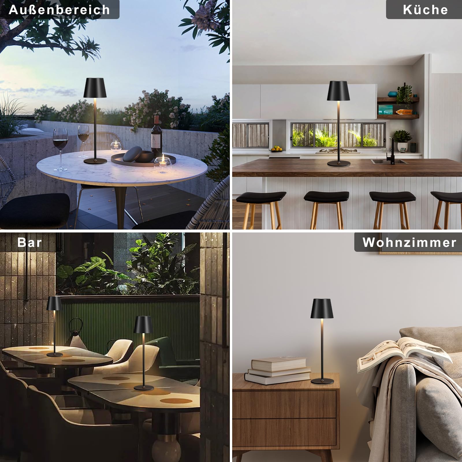Tischlampe Kabellos 2er Set, Akku LED Tischleuchte, Nachttischlampe Touch Dimmbar mit 3 Farbtemperatur, Tischlampe mit USB-C Aufladbar für Outdoor Nachttisch Esstisch Camping(Schwarz)