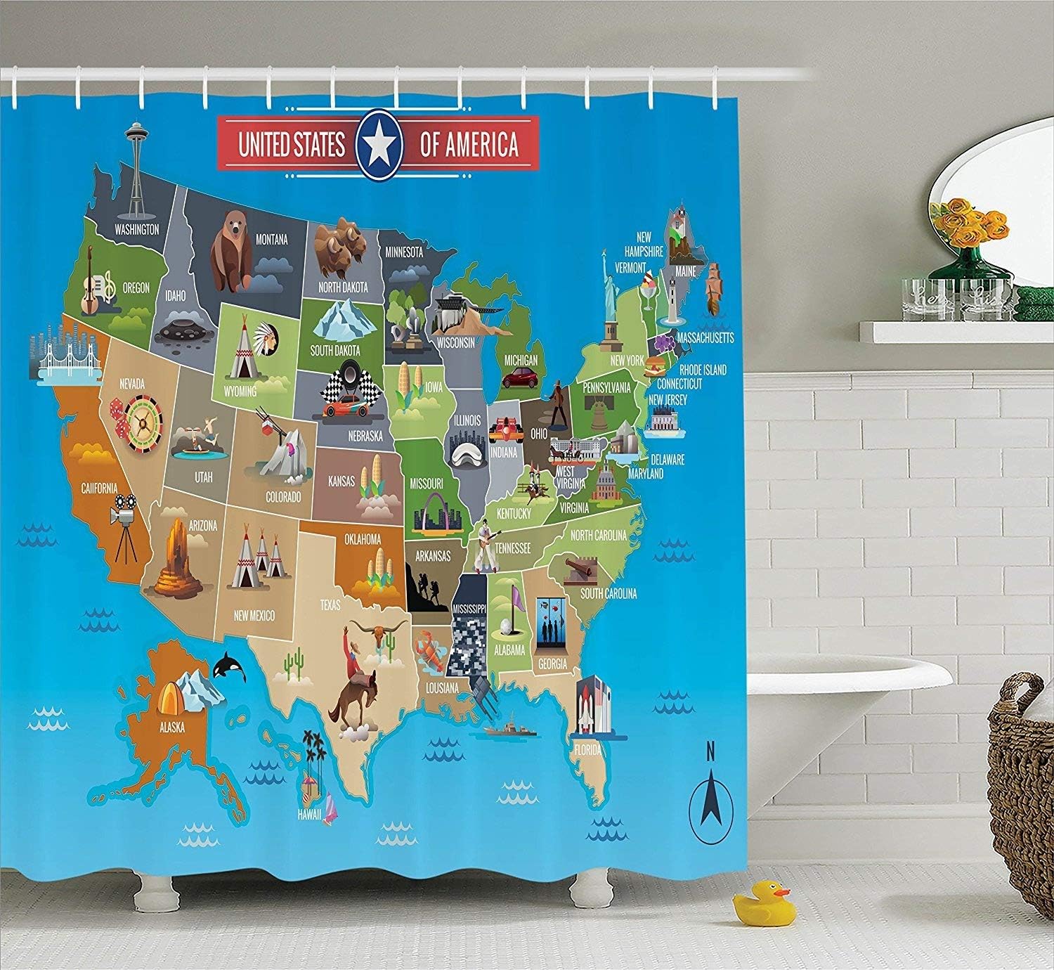 Ambesonne Americana Shower Curtain, Map of USA Cowboy Corn Field Lobster Farming and Agriculture Art, Cloth Fabric Bathroom Decor Set with Hooks, 69" W x 84" L, Red Green