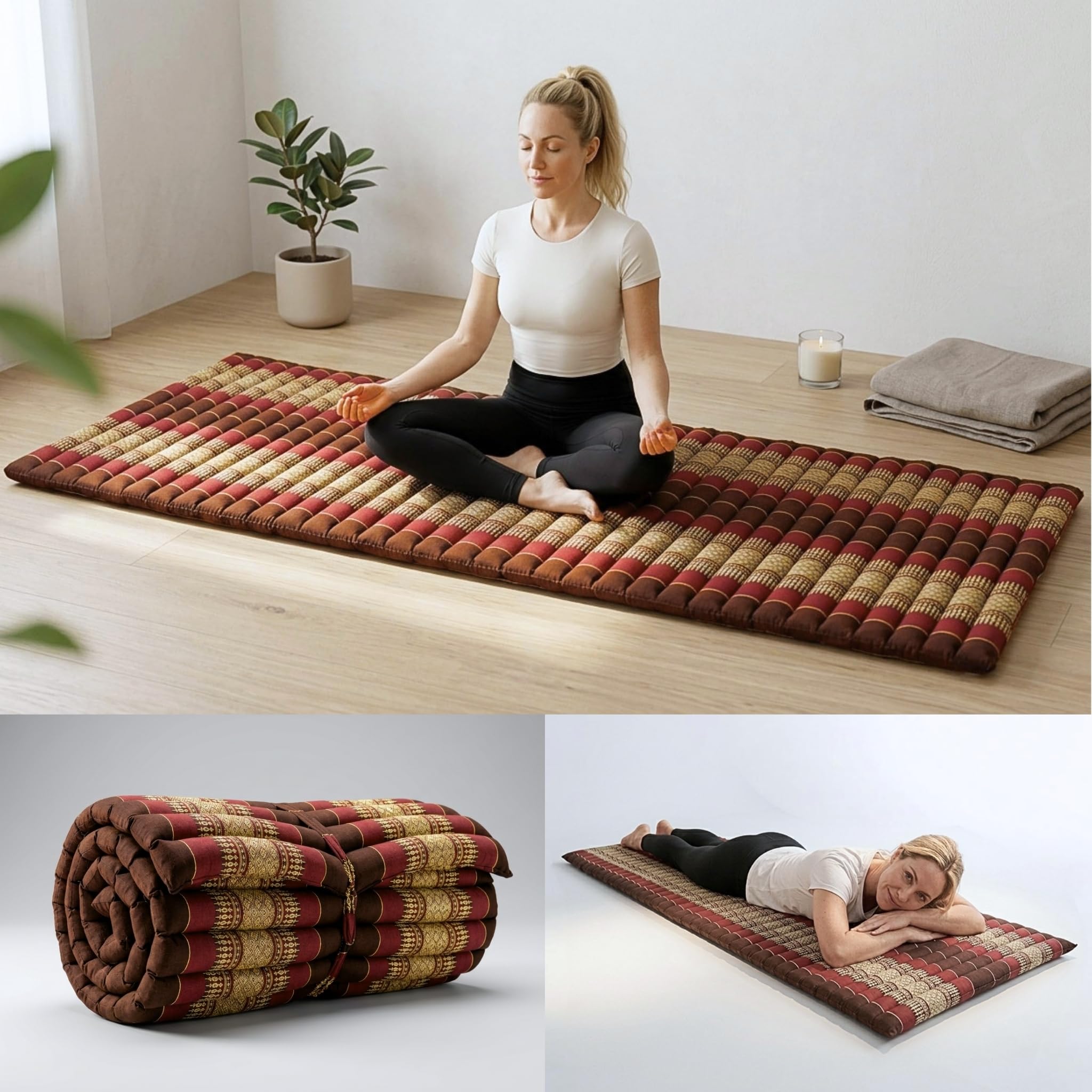 Leewadee Tapis Thai Enroulable 190 x 70 cm - Kapok Tapis de Sol Sommeil Massage Méditation Alternative Futon
