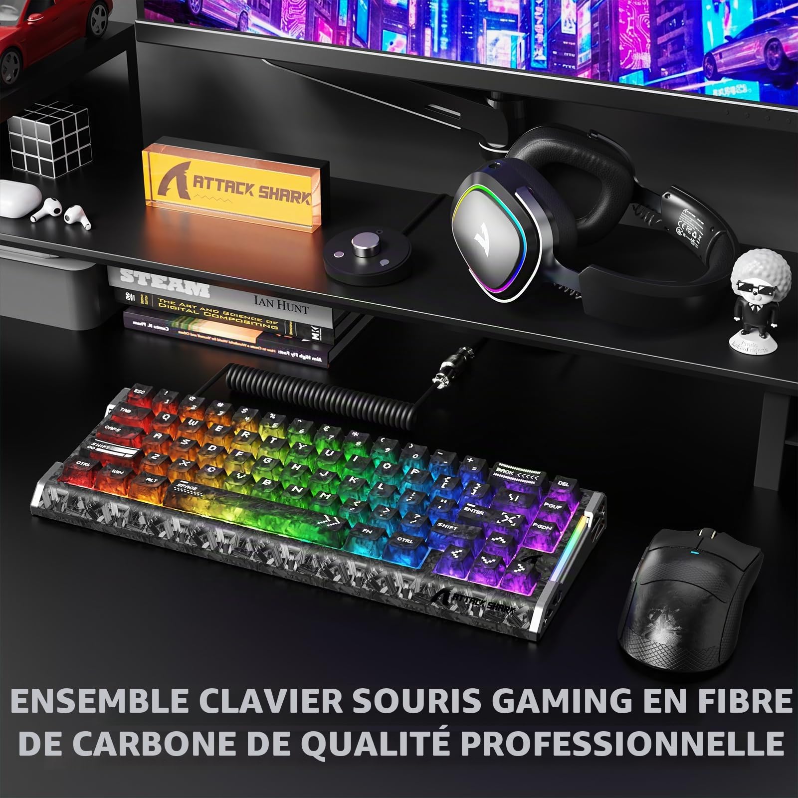 ATTACK SHARK Déclencheur rapide en fibre de carbone 8000 Hz Clavier de jeu magnétique filaire remplaçable à chaud, 42K DPI PAW3950 MAX TRI-Mode, souris sans fil Polling 8K, éclairage RVB Câble spiralé