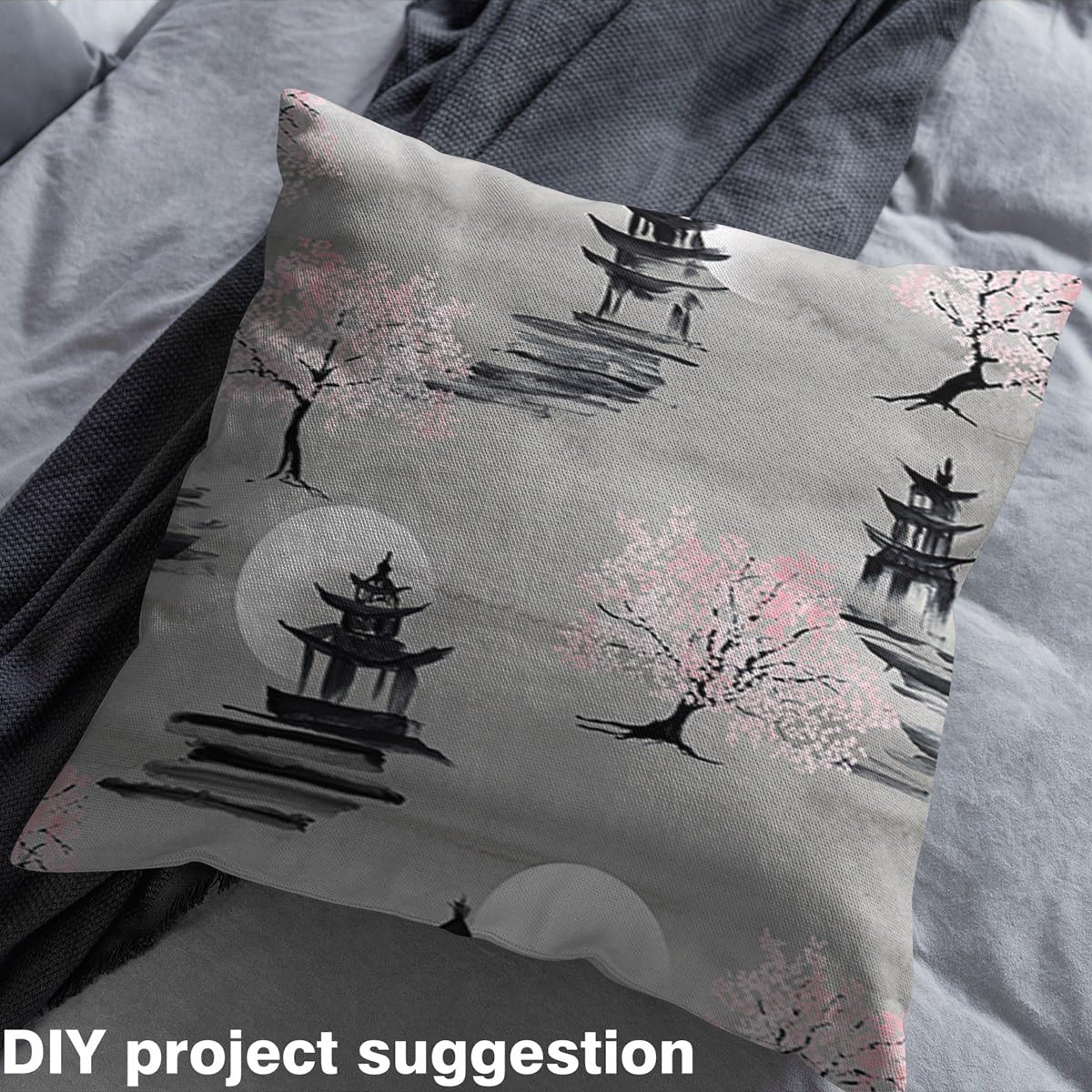 Japanese Telas al metro, Silla de tela flor de cerezo exótico 184x150cm, oriental Pagoda Sakura Sofá Telas para la decoración del hogar y proyectos de bricolaje para el hogar, gris rosa