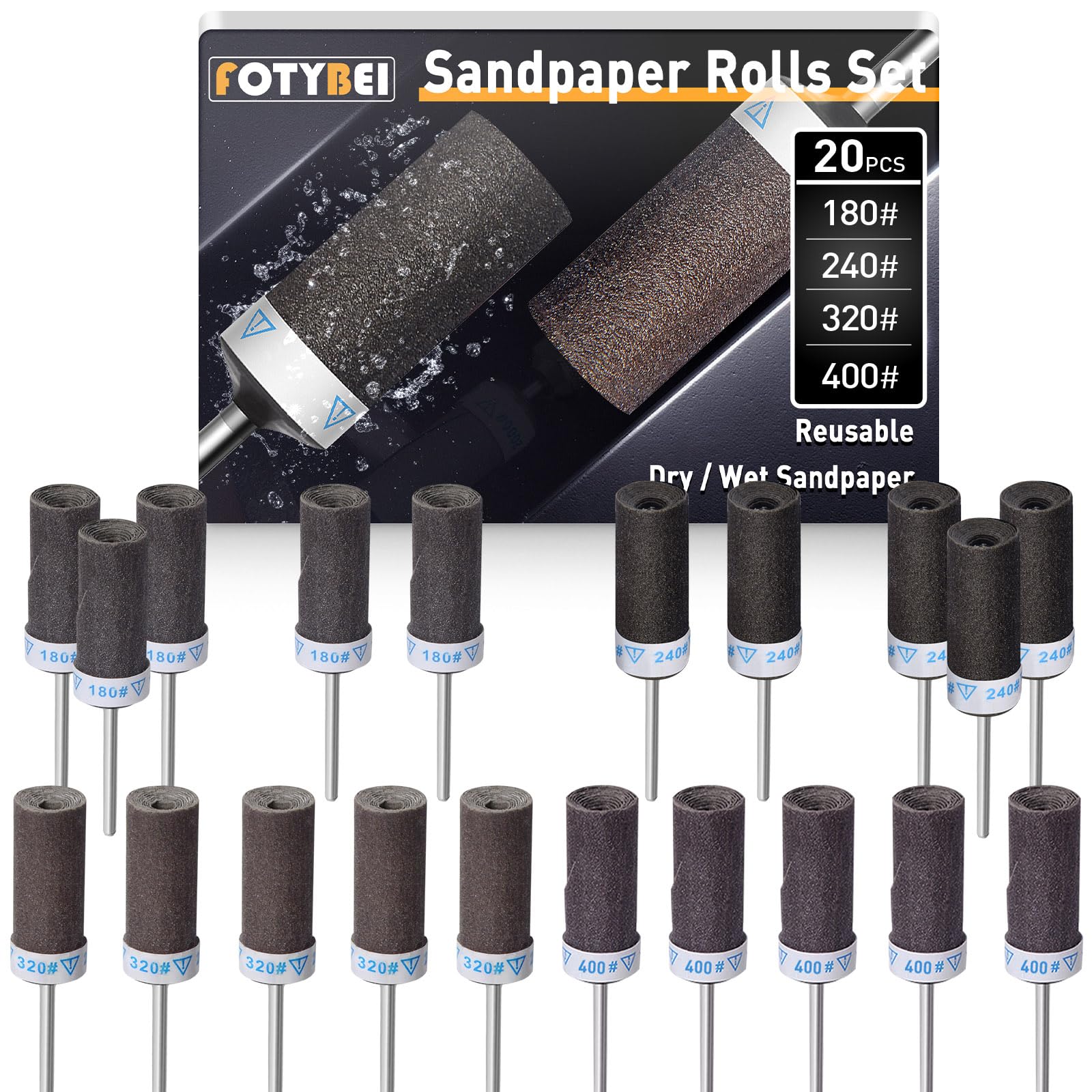 180 240 320 400 Grit Reusable Sanding Rolls & Sticks Kit for Dremel Rotary Tool with 1/8" Shank, 20Pcs Sanding Drums Accessories Dry/Wet Abrasive