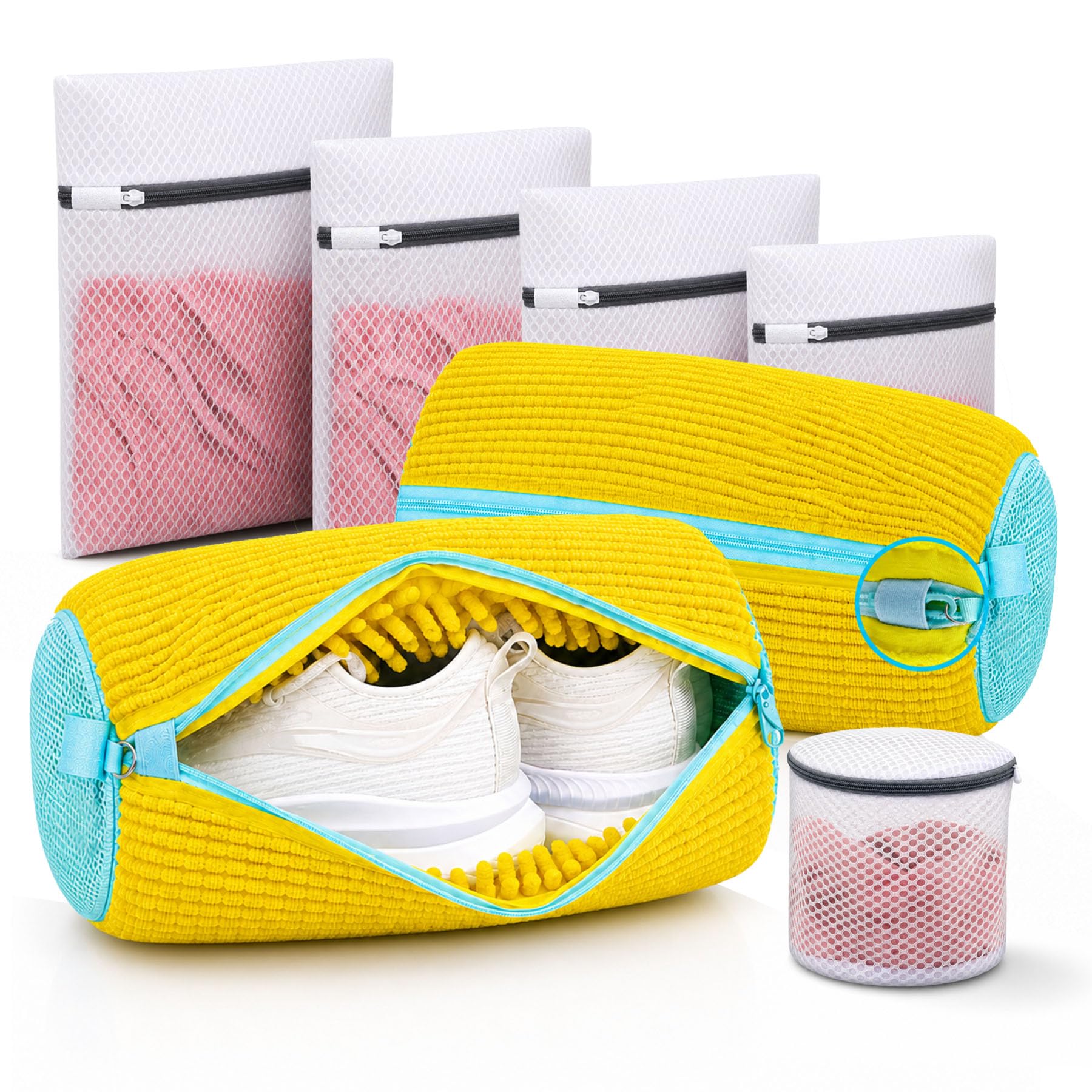Bolsa XXL para lavadora de zapatos, 360° de profundidad, limpia y protege, 7 piezas reutilizables y duraderas con cremallera, incluye bolsas de malla para lavandería y brasier para lavadora y secadora