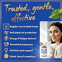 Vista 3 de Suplementos de hierro y ácido fólico para mujeres, 35 mg de vitamina de hierro suave, ácido fólico 400 mcg, anemia, período, suplemento de apoyo