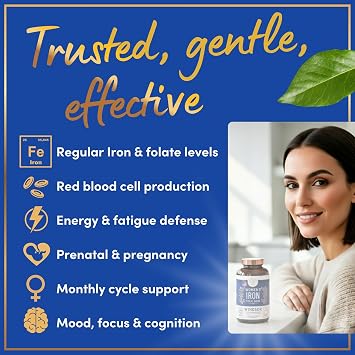 Iron and Folic Acid Supplements for Women - 35mg Gentle Iron Vitamin, Folic Acid 400mcg - Anemia, Period, Pregnancy Support Supplement, Ferrous Sulfate Pills - 180 Vegan Non-Constipating Tablets