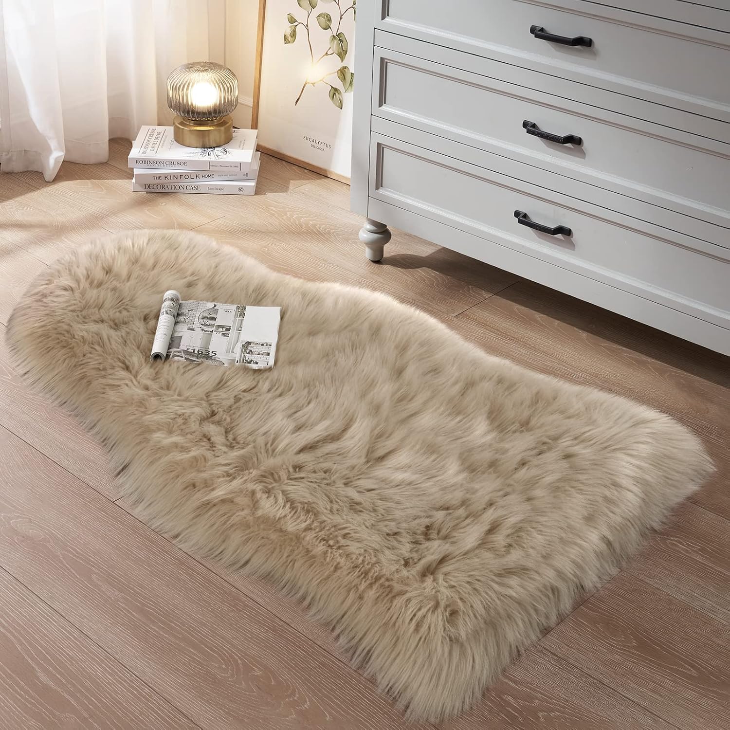 Small Faux Fur Sheepskin Rug 2x4 ft Ultra Soft Chair Sofa Cover Seat Pad, Beige Fluffy Shag Rugs for Bedroom Nursery Kids Room, Luxury Shaggy Rug Fuzzy Plush Floor Carpets - Image 3