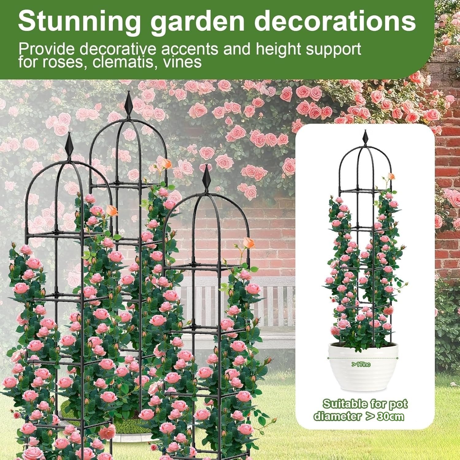 LATERN 1 Stück Garten Obelisk Spalier für Kletterpflanzen, 180CM Hoch Rostfrei Beschichtete Metall Pflanzenstütze Rankgitter Rahmen für Töpfe Pflanze Rose Tomate Gurke Blumen Traube Erbse (Schwarz)